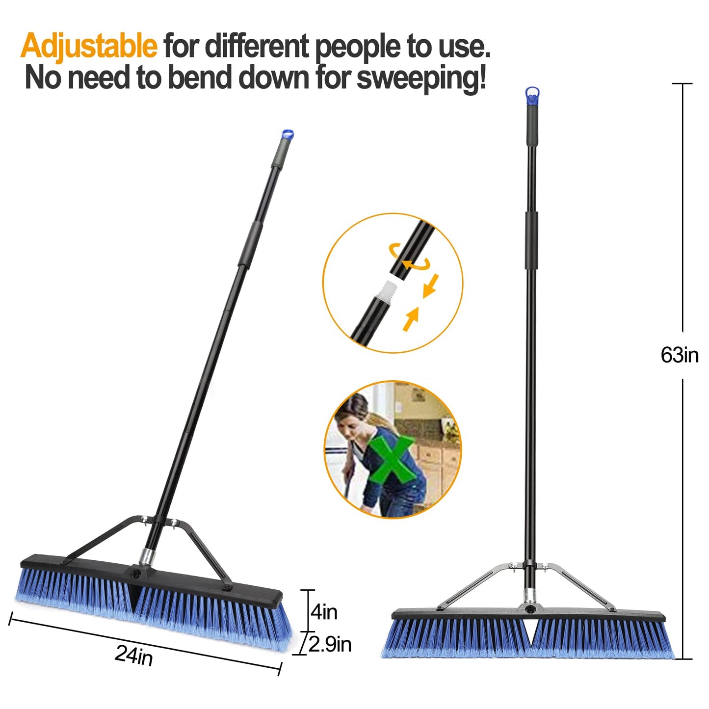 24 inches Push Broom Outdoor for Deck Driveway Garage Yard Patio Concrete Floor Cleaning-Blue
