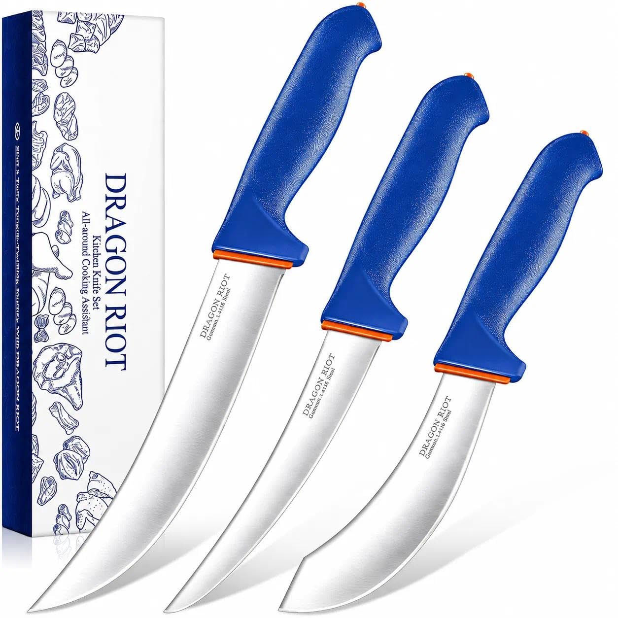 DRAGON RIOT 3 Pcs Butcher Knives Set, Meat Processing Knife Set for Brisket Trimming with German Stainless Steel and Blue Non-Slip Handle Gift for Men
