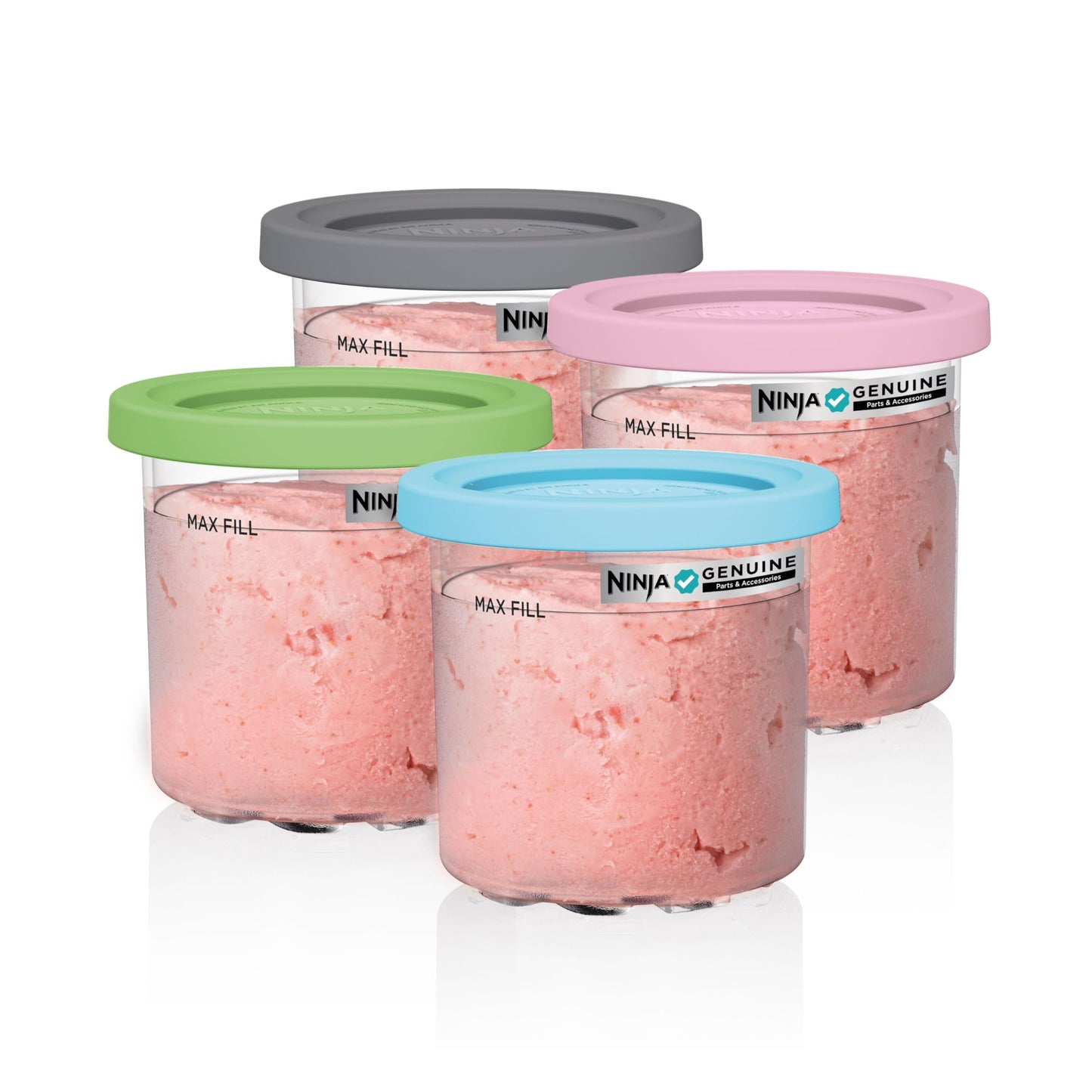 Ninja XSKPLD4BCD 4 Pack, Compatible with NC299AMZ & NC300s Series Creami Ice Cream Makers, BPA-Free & Dishwasher Safe, Color Lids, 1 Pint Each, Clear/Grey/Lime/Pink/Acqua