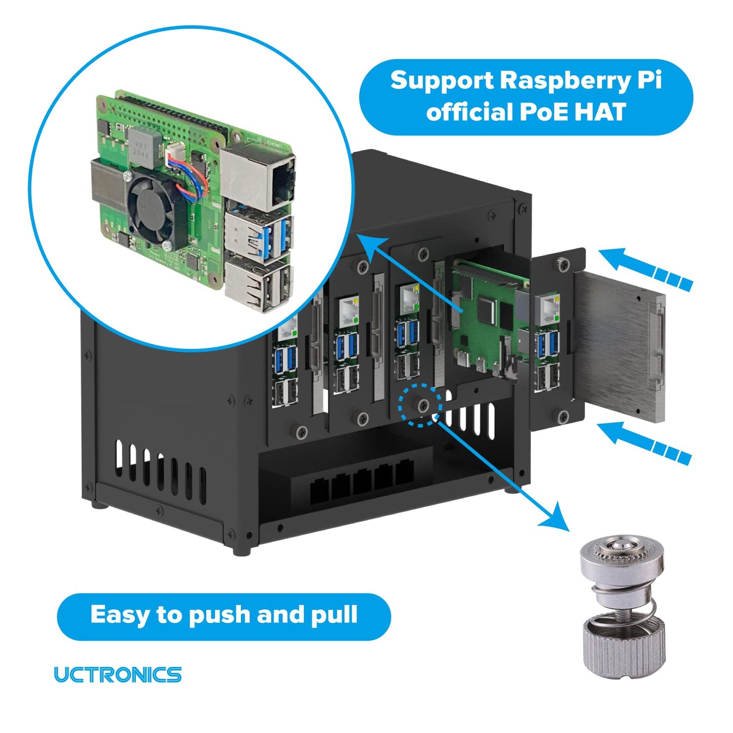 UCTRONICS Upgraded Complete Enclosure for Raspberry Pi Cluster, Compatible with Pi 5, 4B, 3B+/3B, and Other B Models, House Up to 4×2.5" SSD, Support PoE/PoE+ HAT and Switch, 2 Cooling Fans