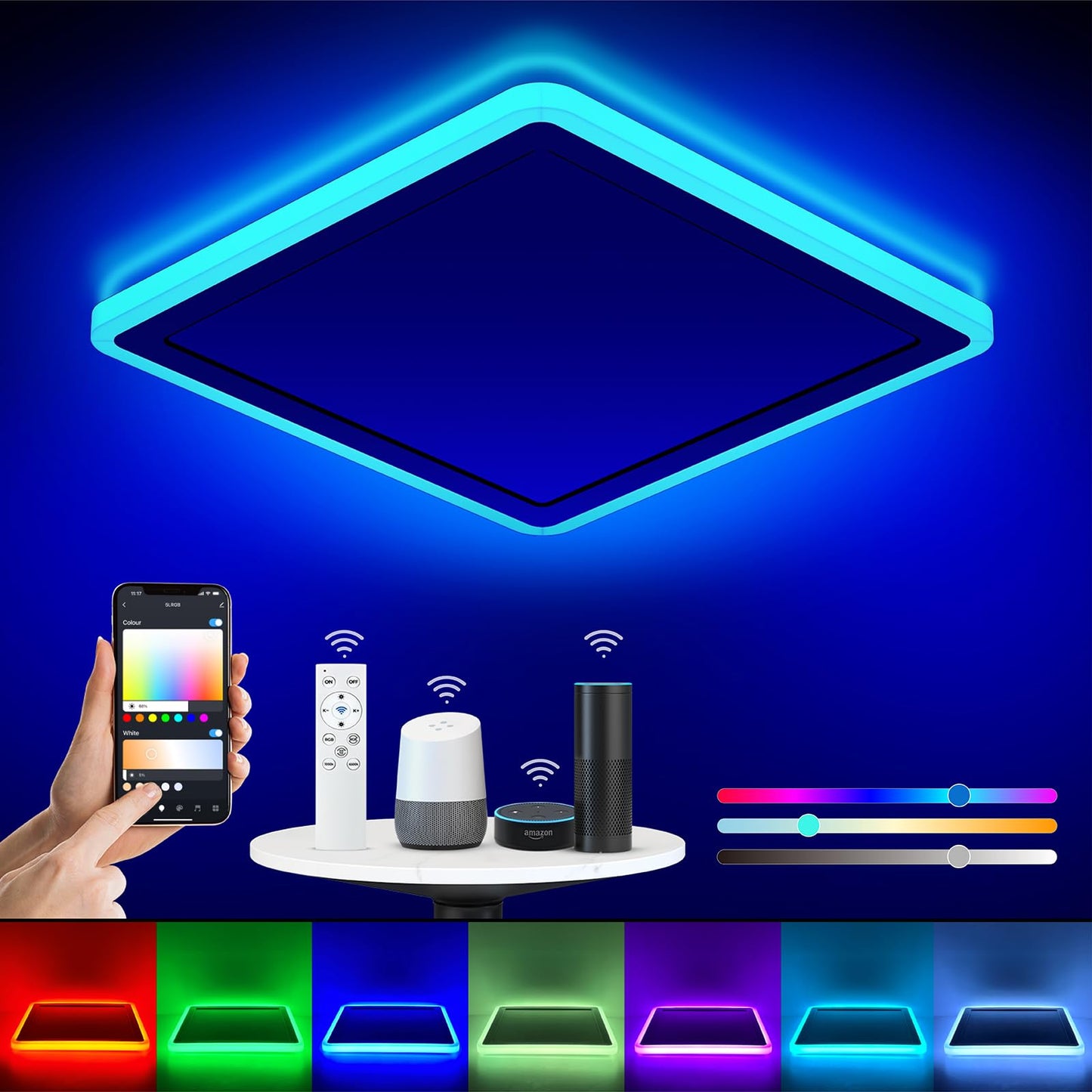 Annaror Smart LED Ceiling Light Fixture WiFi, 13in RGB Flush Mount Lighting Fixture with Remote, Compatible with Alexa Google Home, Low Profile Ceiling Light for Bedroom, Kitchen, Square White