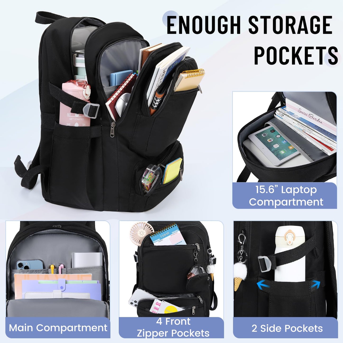 RAINSMORE Lightweight School Backpack for Women Travel Casual Daypack Rucksack Bookbag for Teen Girls Laptop Backpacks 15.6 inch for College High School, Black
