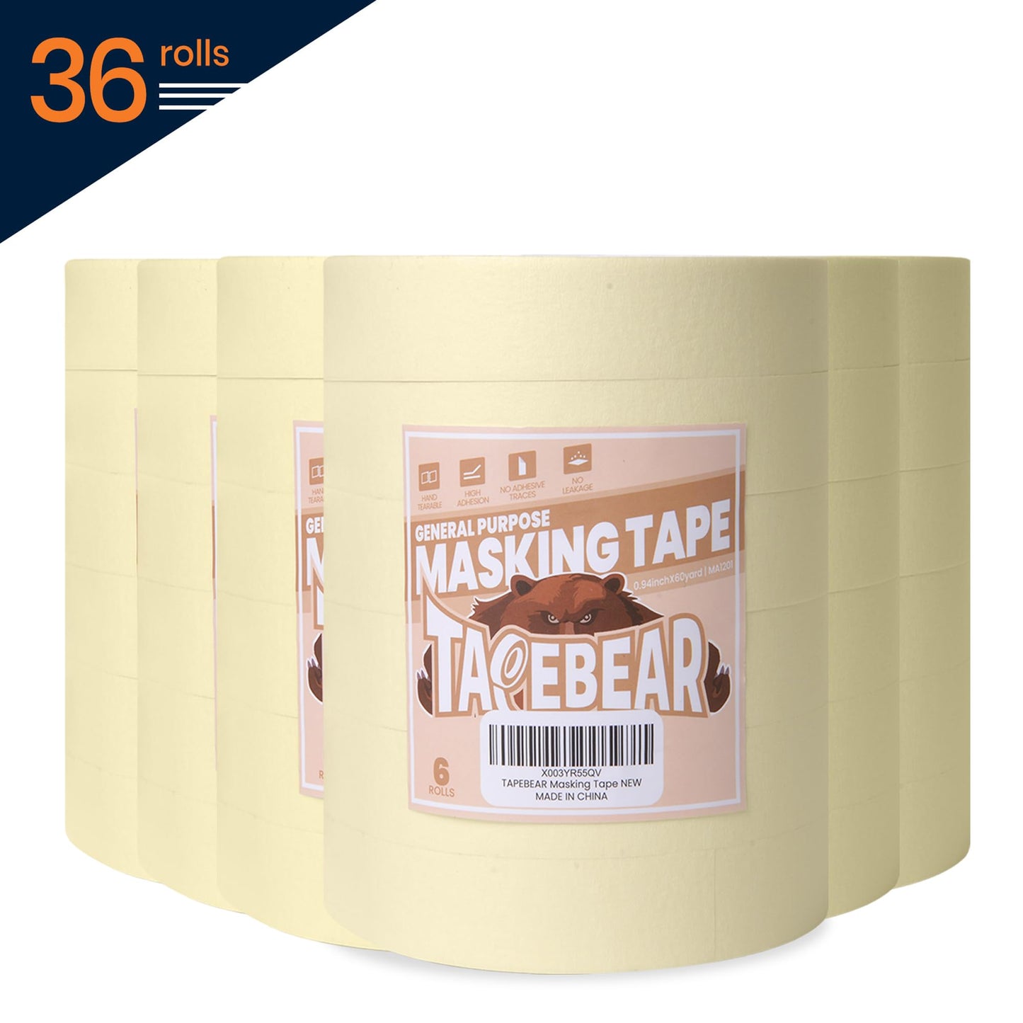 TAPEBEAR General Purpose Masking Tape Beige White 24mm x 55m, Bulk Painters Tape for Painting, Labeling, DIY Arts Crafts, Home Office School Projects, 36 Rolls