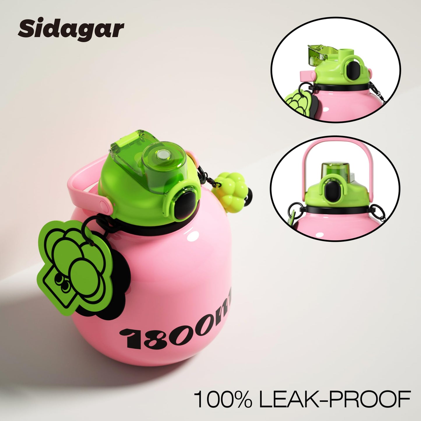 Sidagar 60 oz Half Gallon Insulated Water Bottle with Handle, 316 Stainless Steel Leakproof Large Travel Flask with Cute Doll Charm, Aesthetic Strawberry Pink Gift for Women Girl
