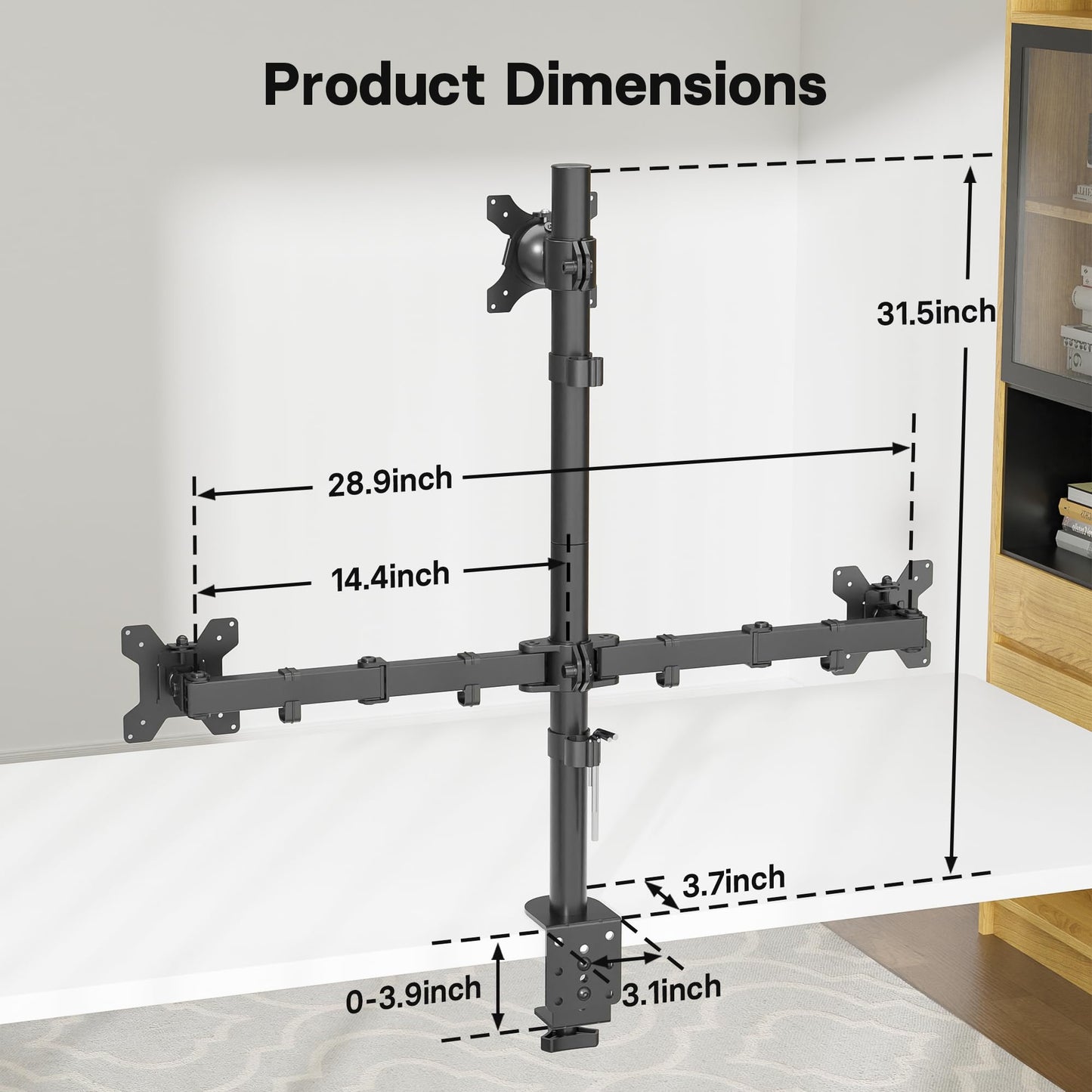 BONTEC Triple Monitor Desk Mount for One 32 Inch Screen and Two 27 inch Screens, Supports up to 22lbs, with Full Motion Adjustability, Two Installation Options and Integrated Cable Management, Black