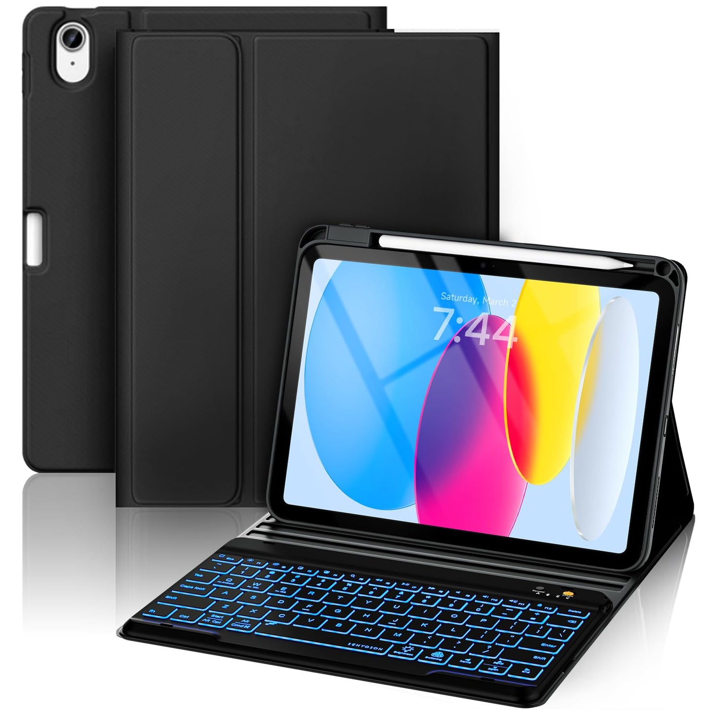 Keyboard Case for iPad (A16) 11th/10th Generation 10.9 Inch (2025/2022), Detachable Folio Keyboard Cover with 7 Colors Backlit Wireless Keyboard Pencil Holder