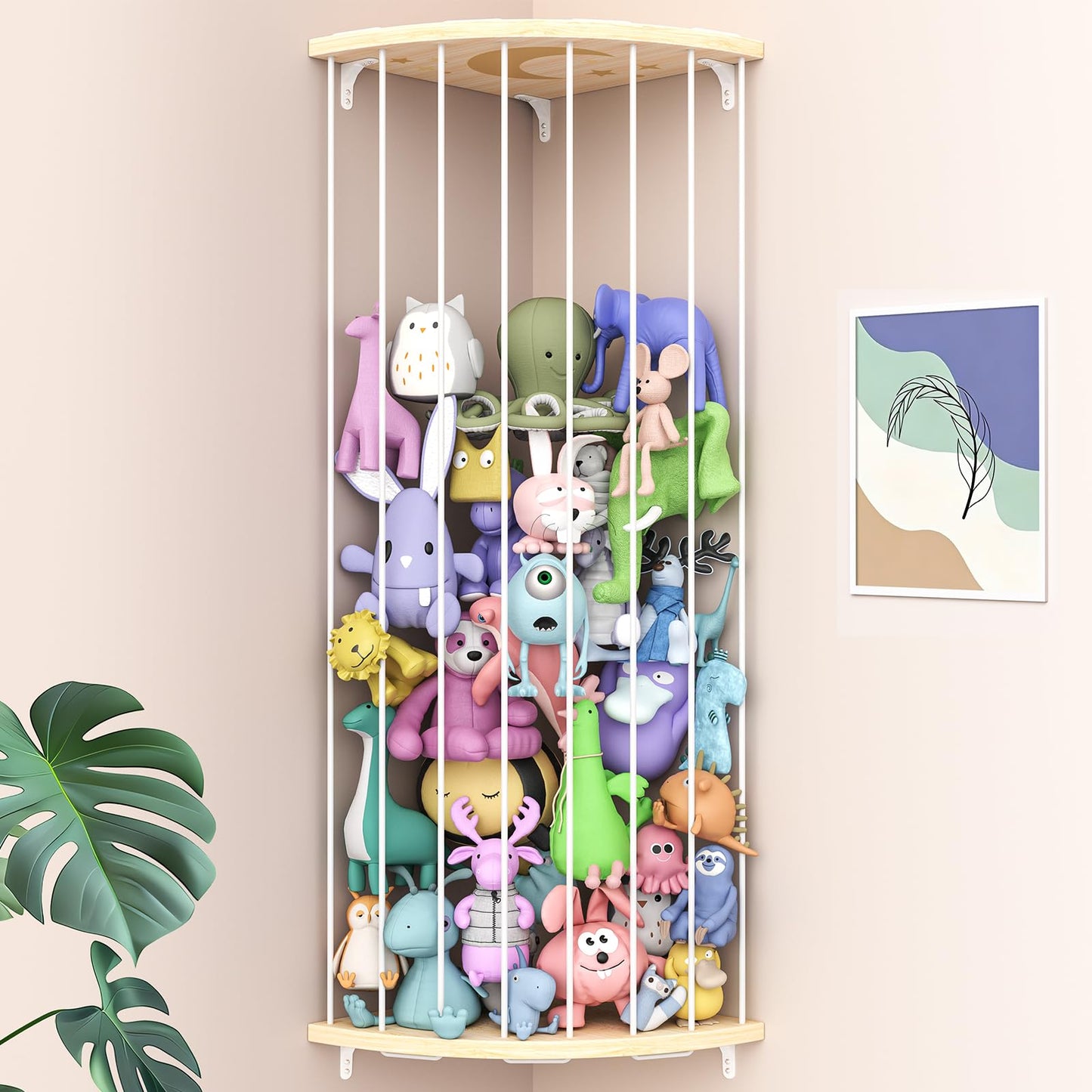 Zayysoha Stuffed Animal Storage Wood Corner Toy Plush Storage Hammock Hanging Storage Net, Toy Organizer Shelf for Nursery Playroom Bedroom Kid Room