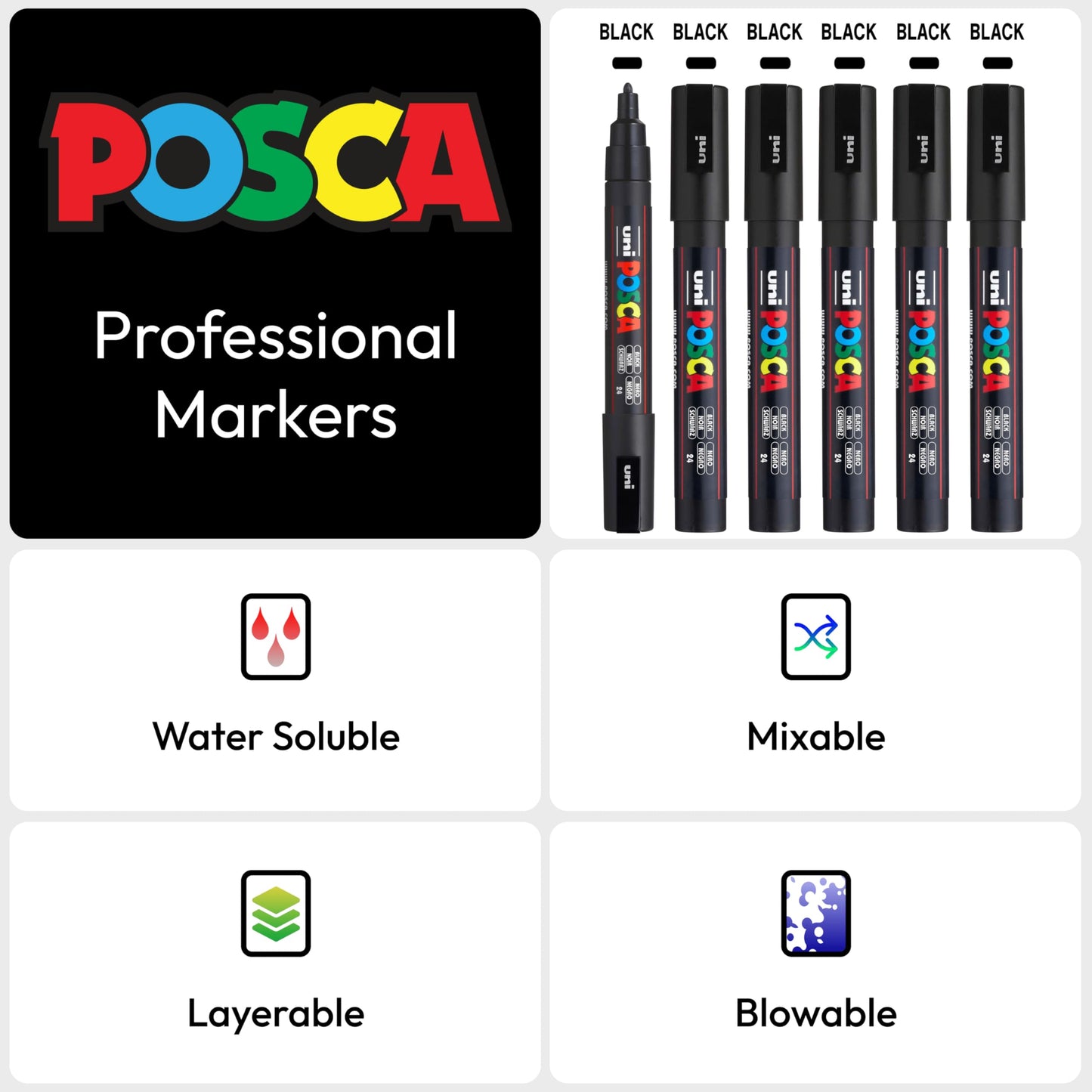 posca Authentic Marker Set, 6 Black Professional Grade Markers with 3M Fine Bullet Tips