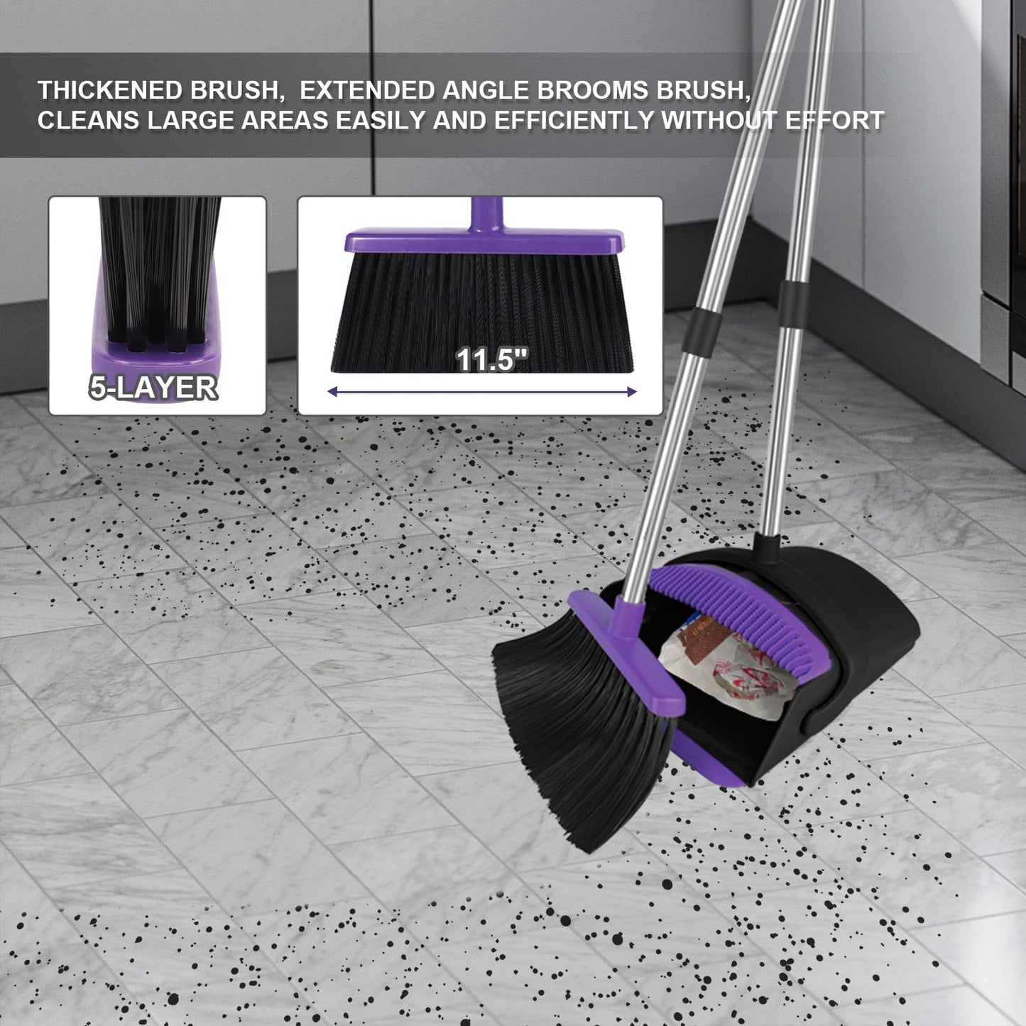 UDUK Broom with Dustpan Combo Set Upright, 51” Long Handle with Comb Teeth,Broom and Dustpan for Dog Cat Pets Home Kitchen Room Lobby Use, Normal, Purple