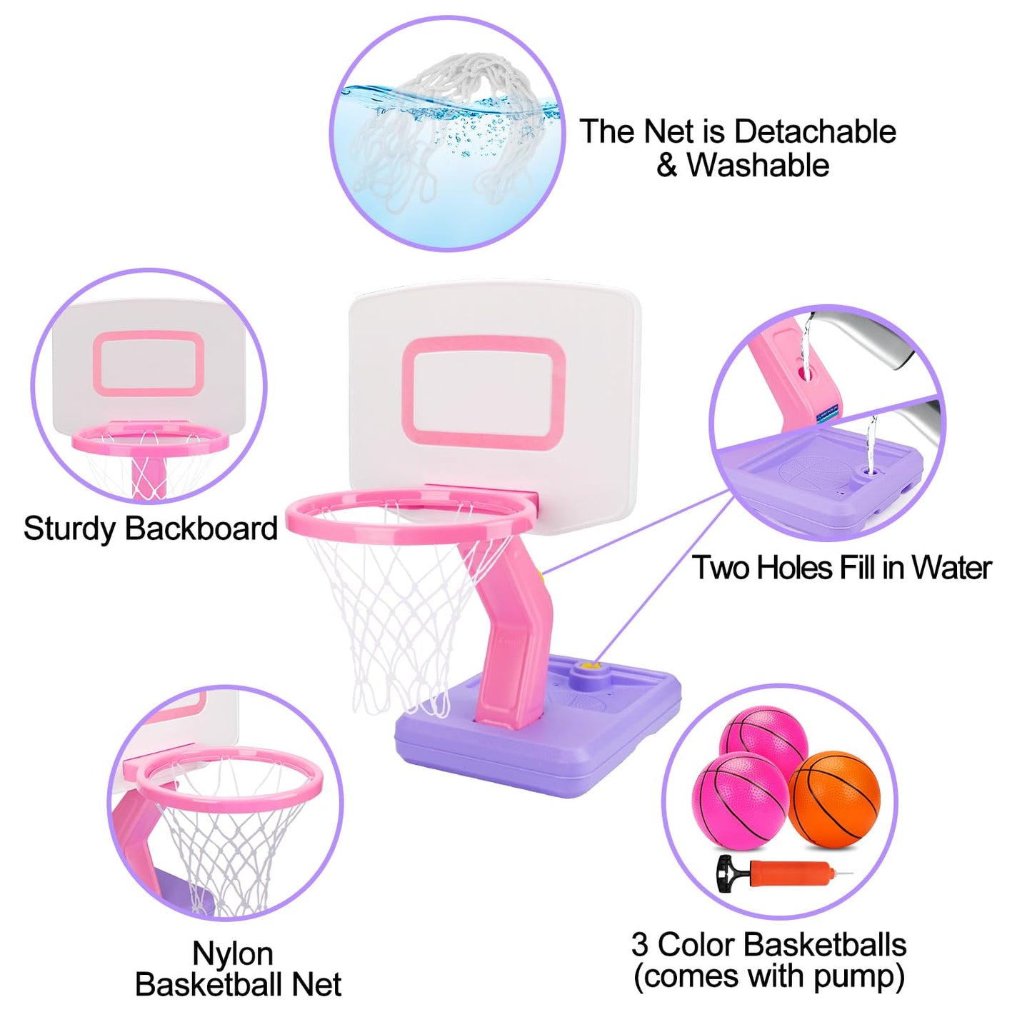 Basketball Hoop Indoor for Toddler, Adjustable Portable Basketball Hoop Set, Poolside Outdoor Backyard Outside Basketball Game Toy for Kids Age 3 4 5 6 7 8 (Pink Hoop)