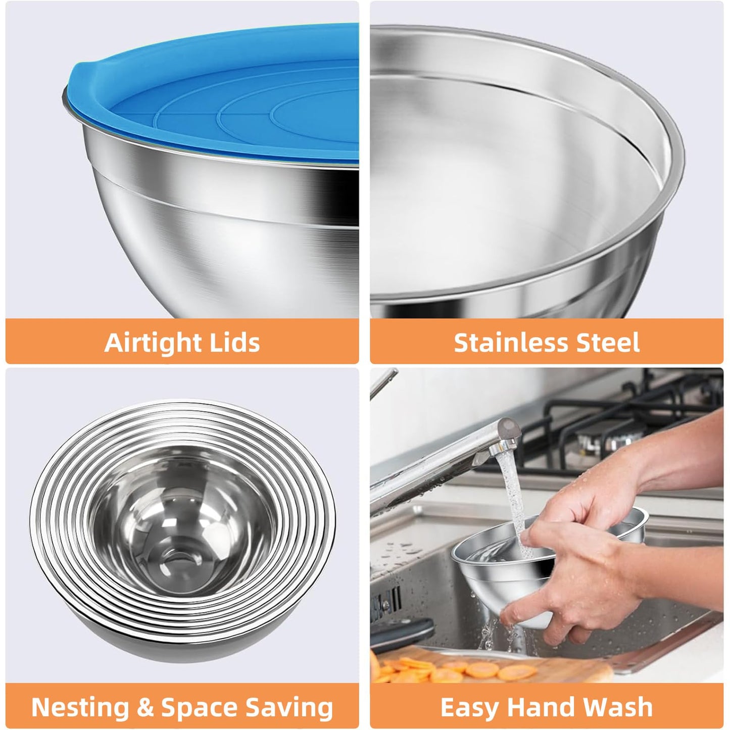 Menbyci 7 Pcs Mixing Bowls with Lids, Stainless Steel Nesting Bowls with 14Pcs Attachments, 3 Graters, Kitchen Utensils, Bowl Set for Kitchen Cooking Baking Prepping Serving