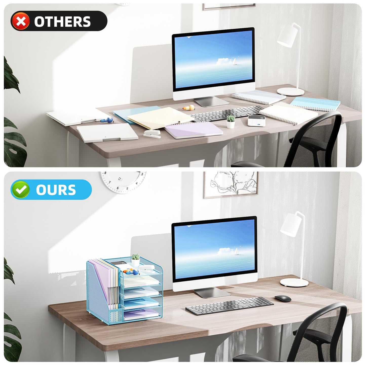 Marbrasse Desk Organizer with File Holder,5-Tier Paper Letter Tray,Metal Mesh Desk Organizers and Accessories,Organization and Storage for School, Home, Office(Blue)