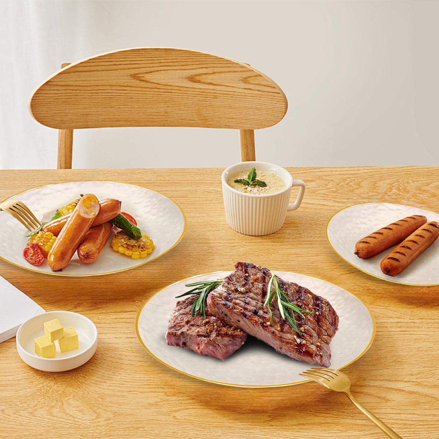 100 Pcs Hammered Plastic Plates with Gold Rim, Clear Plastic Plate 50 Disposable Heavy Duty 10 Inch Dinner Plates 50 Round 7 Inch Dessert Salad Plate for Party Wedding