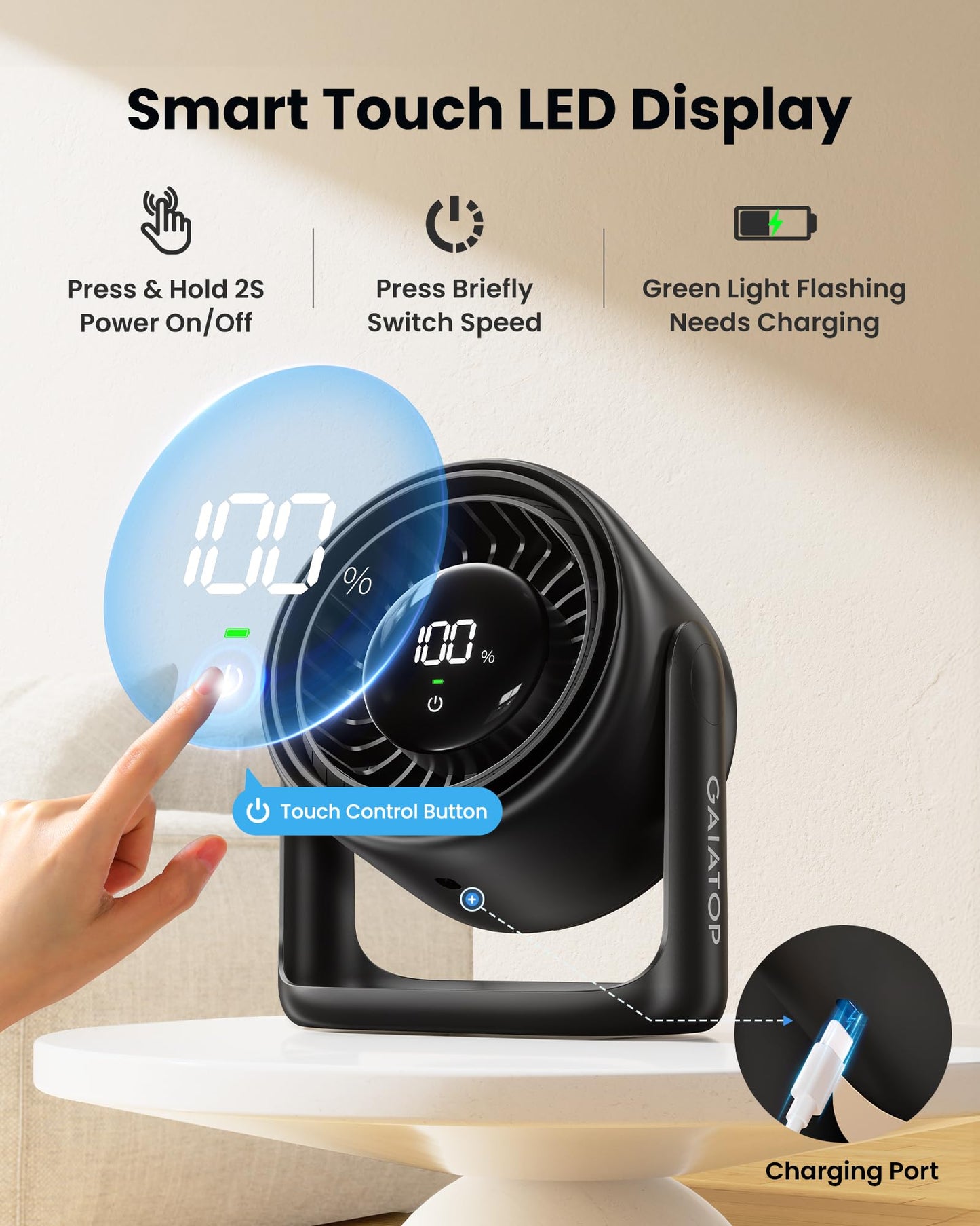 Gaiatop 7.7 In Desk Fan with Touch Control, 4000mAh Battery, 5 Speeds Ultra Quiet Bedroom Fan with LED Display, 90° Tilt, USB-C Rechargeable Desktop Fan for Dorm Office Room Home Office, Black