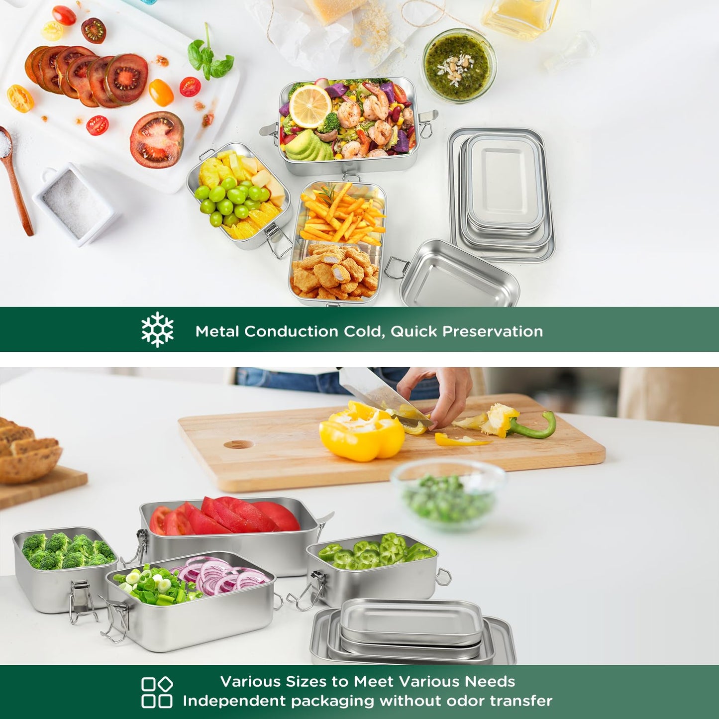 LEEPENK 304 Stainless Steel Lunch Box and Food Containers with Lids 4 Pack 1400/850/550/550ml, Leak-Proof and Stackable Stainless Steel Bento Box for Travel and Work Adults