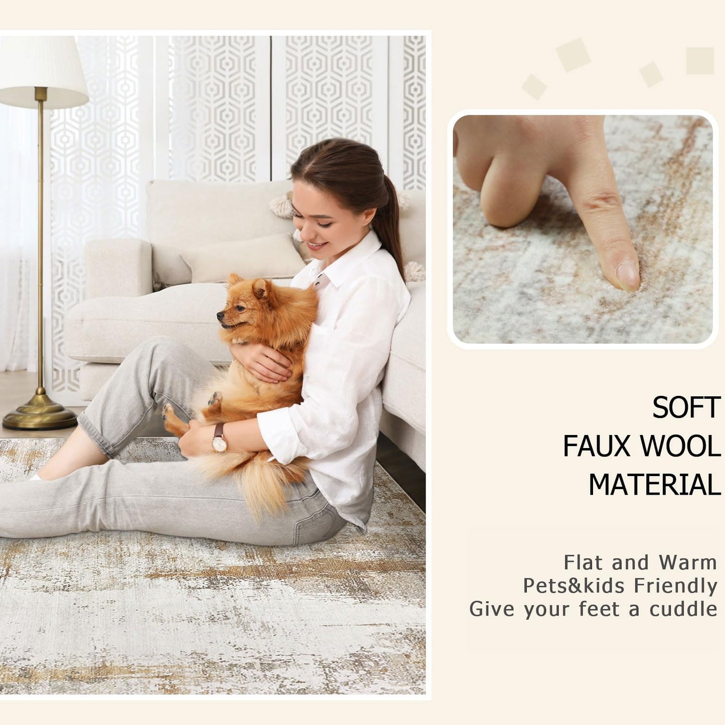 Famibay 5x8 Area Rug Washable Neutral Rugs for Living Room Thin Low Pile Bedroom Carpet Modern Abstract Carpet Rugs for Living Room Bedroom Entrance(Beige/Camel)