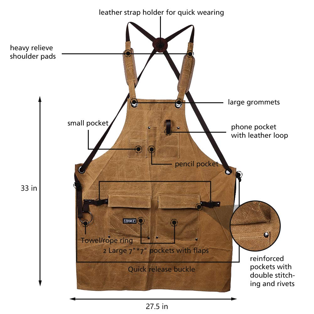 Woodworking Shop Apron,16 OZ Waxed Canvas Tool Apron for Men & Women, Work Apron with Cross-Back Straps,Adjustable M to XXL (Brown)