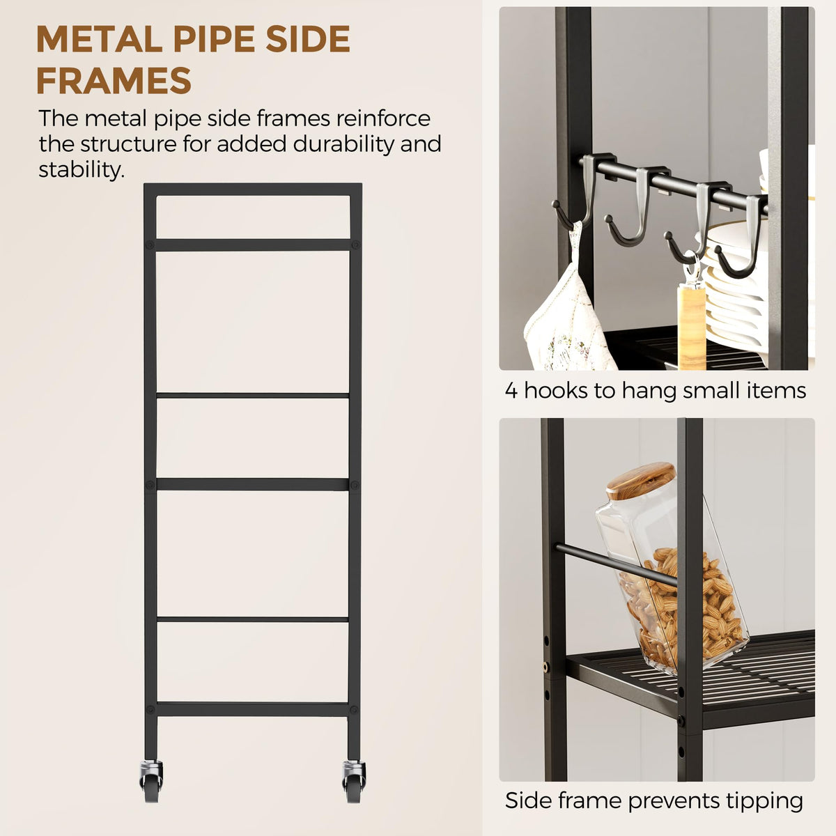 3-Tier Metal Storage Rack with Industrial Wheels,Mesh Shelving Unit with Wooden Table top,Adjustable Shelf,23.6-Inch Width,for Kitchen,Laundry,Pantry,Plant,Black