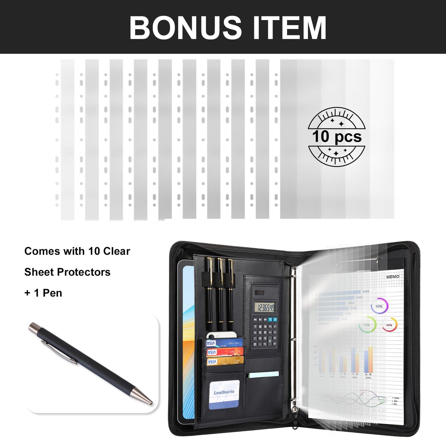 Leathario Portfolio, Vegan Leather 3-Ring Zipper Binder, Includes 10 Clear Sheet Protectors and a Pen, Multi-Pocket A4 Padfolio Folder for Tablets, Files and Business Documents, Office Supplies