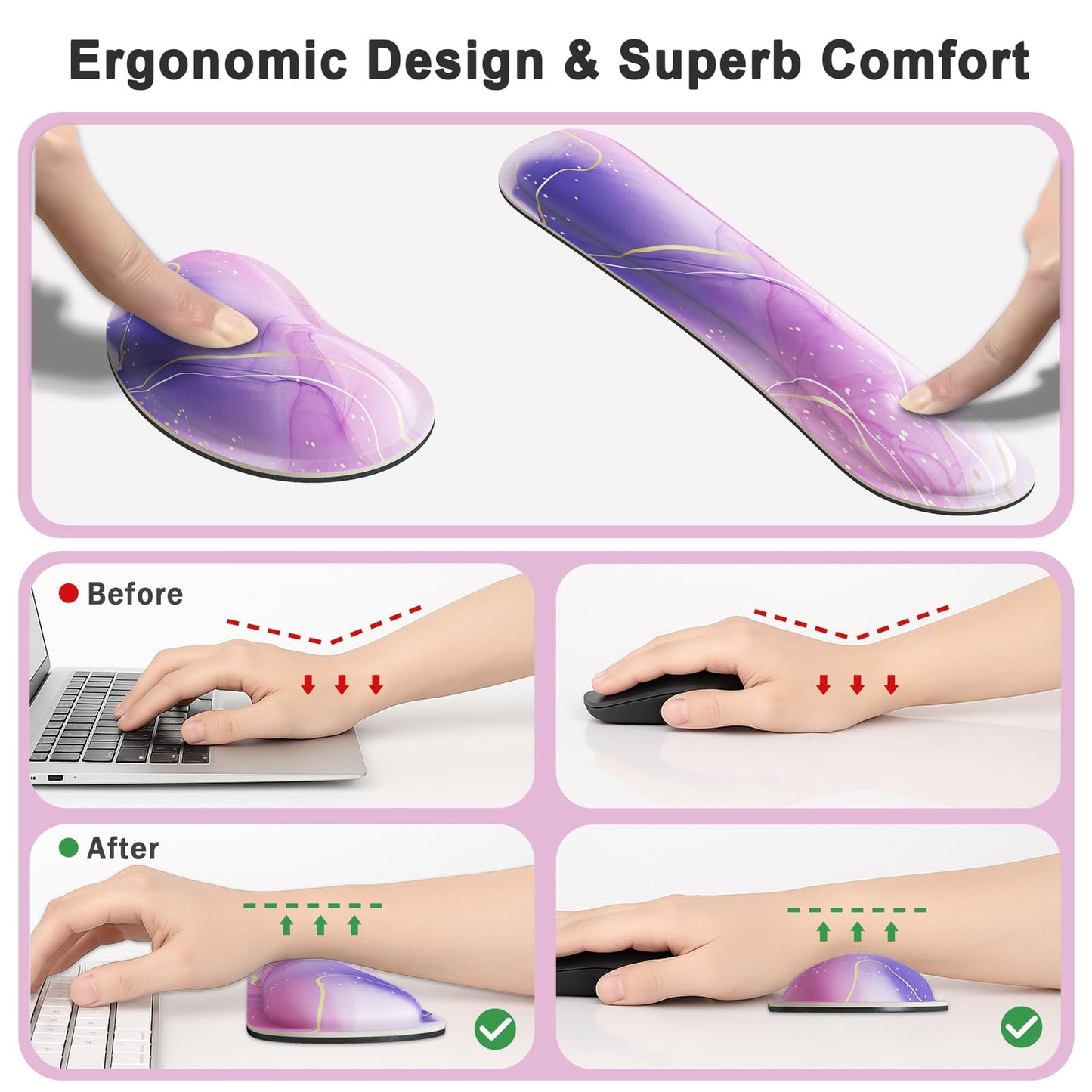 4 in 1 Extended Mouse Pad Set with Memory Foam Keyboard Wrist Rest, Mouse Wrist Cushion & Cute Coaster, Ergonomic Large Desk Pad for Home Office & Gaming (Pink & Purple Marble)
