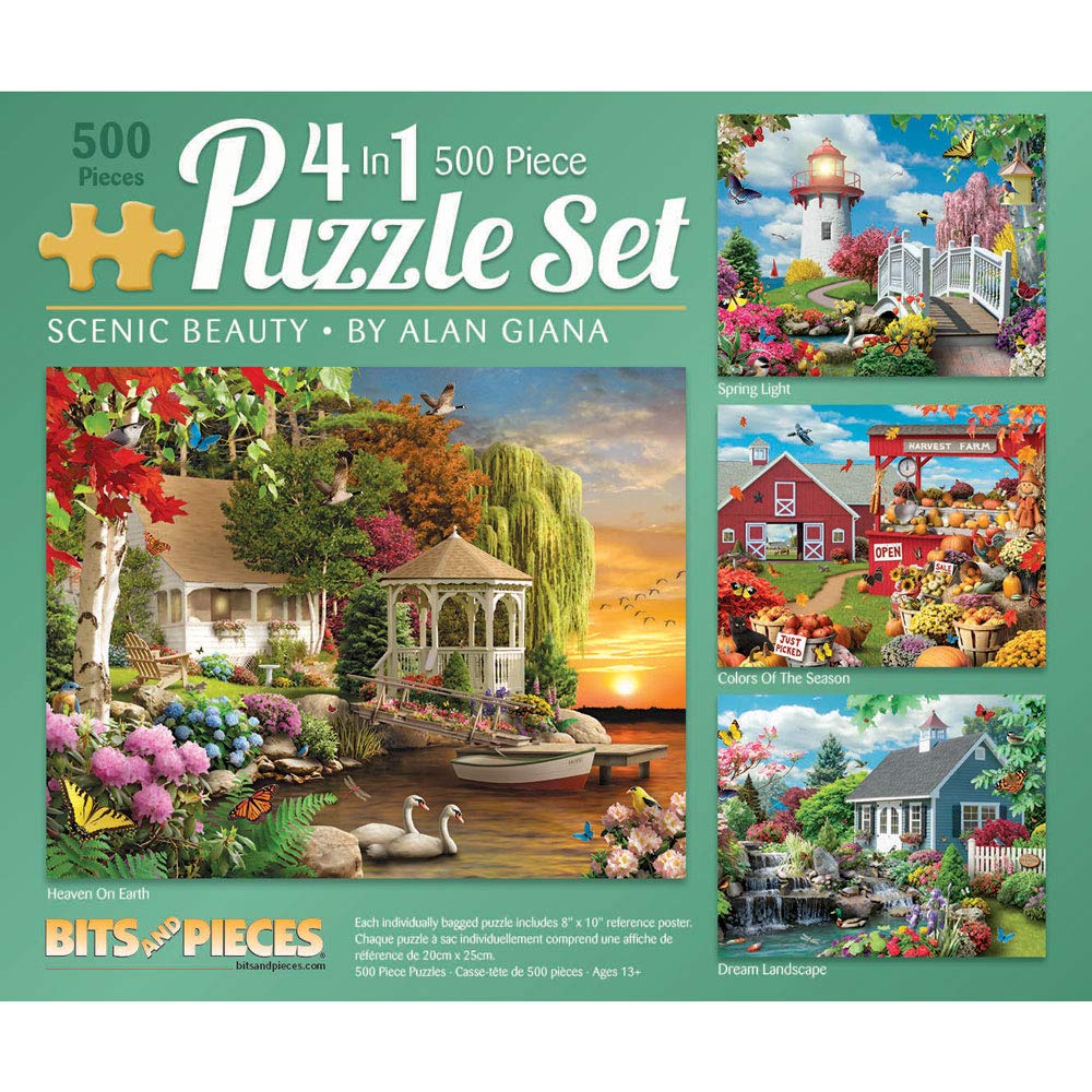 Bits and Pieces - 4-in-1 Multi-Pack - 500 Piece Jigsaw Puzzles for Adults-Each Measures 16" x 20" (46cm x 61cm)-Scenic Beauty by Artist Alan Giana