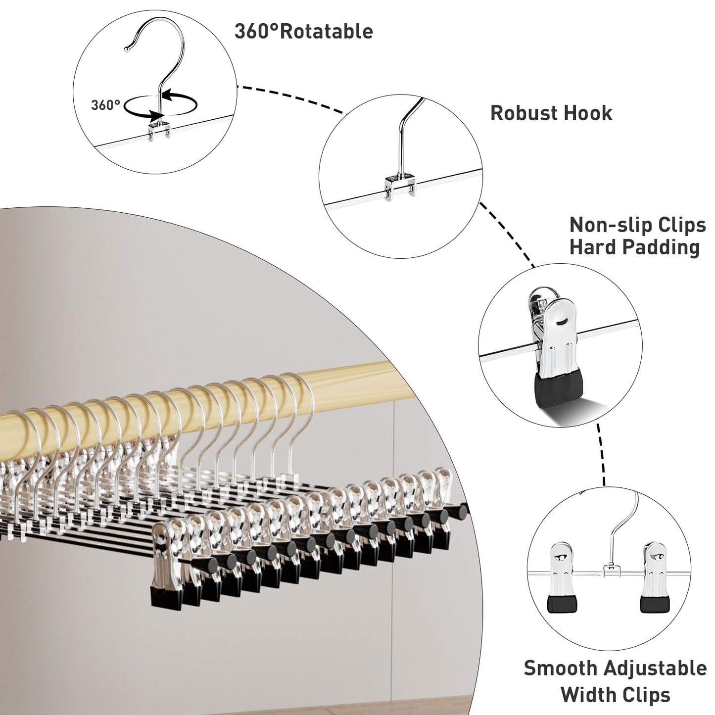 Clothes Hangers, IDMAX Adjustable Heavy Duty Hangers with Non-Slip Clips Pants Hangers Stainless Steel Skirt Coat Suit Hangers Stackable Coat Hangers Clothes Hook Space Saving (40 Pack)