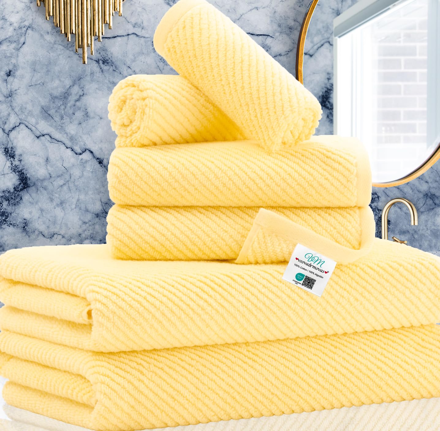 Yellow Towels for Bathroom - 100% Cotton | Quick Dry | Light Weight | Thick | Soft, 6 Piece Towel Set, 2 Large Bath Towels 30"x56", 2 Hand Towels 18"x28", 2 Washcloths 13"x13", Towel Gift Set