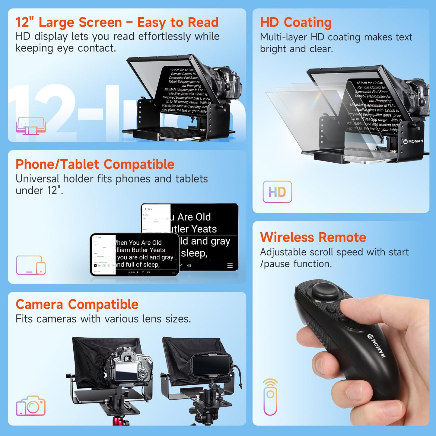 Moman Teleprompter, MT12 Metal Prompter Kit 12 inch for 12.9inch iPad Tablets with APP Remote Control for DSLR Camera Camcorder Smartphone Mobile, Tablet-Teleprompter-Autocue-Camera-Prompting