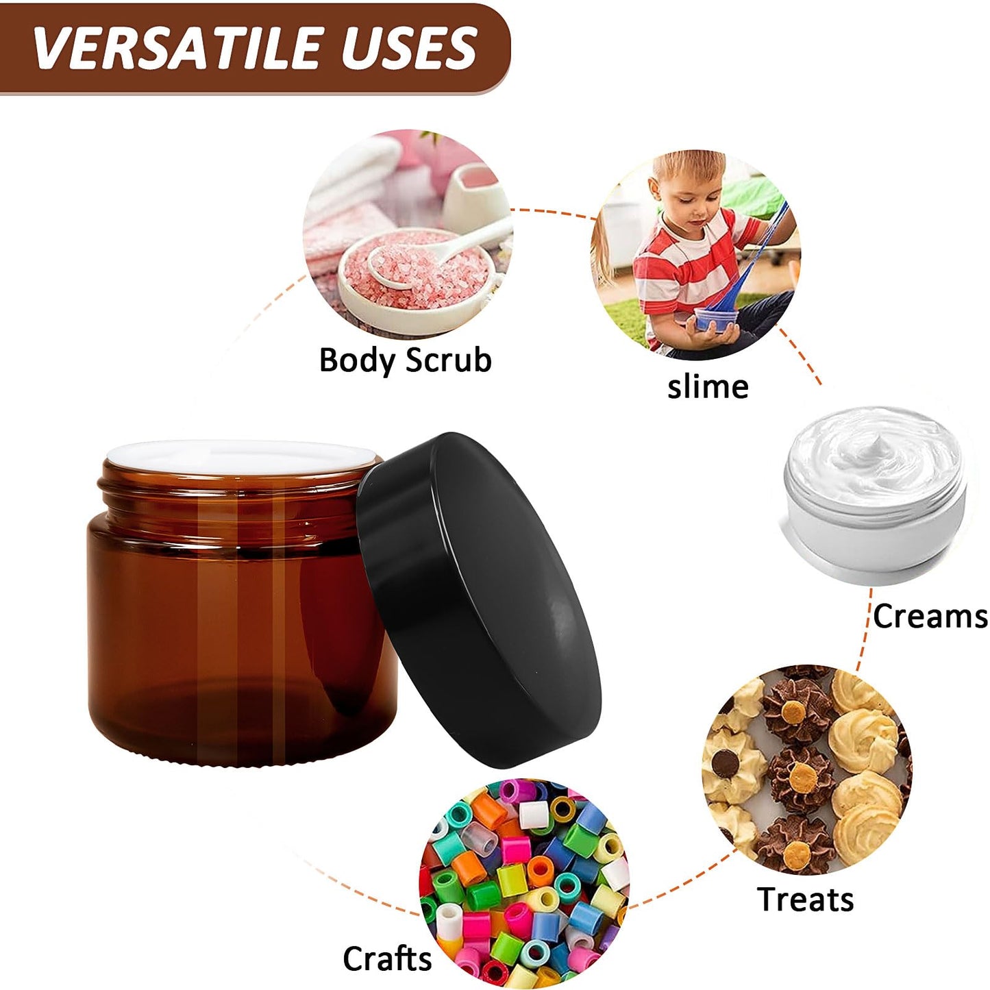 2 oz Amber Glass Jar with Lid, 48 Pcs 60 ml Round Cosmetic Containers with Inner Liners and Black Lids,Refillable Travel Jars for Storing Lip and Body Scrub, Lotion, Bath Salts, Liquid