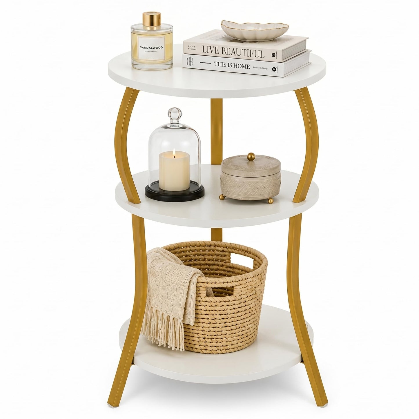 Vintage Round End Table, 3-Tier Slim Waist End Table with Storage Shelf, Small Round Table,Sofa Side Table,Small Round Vintage Table (Classic, White+Gold)