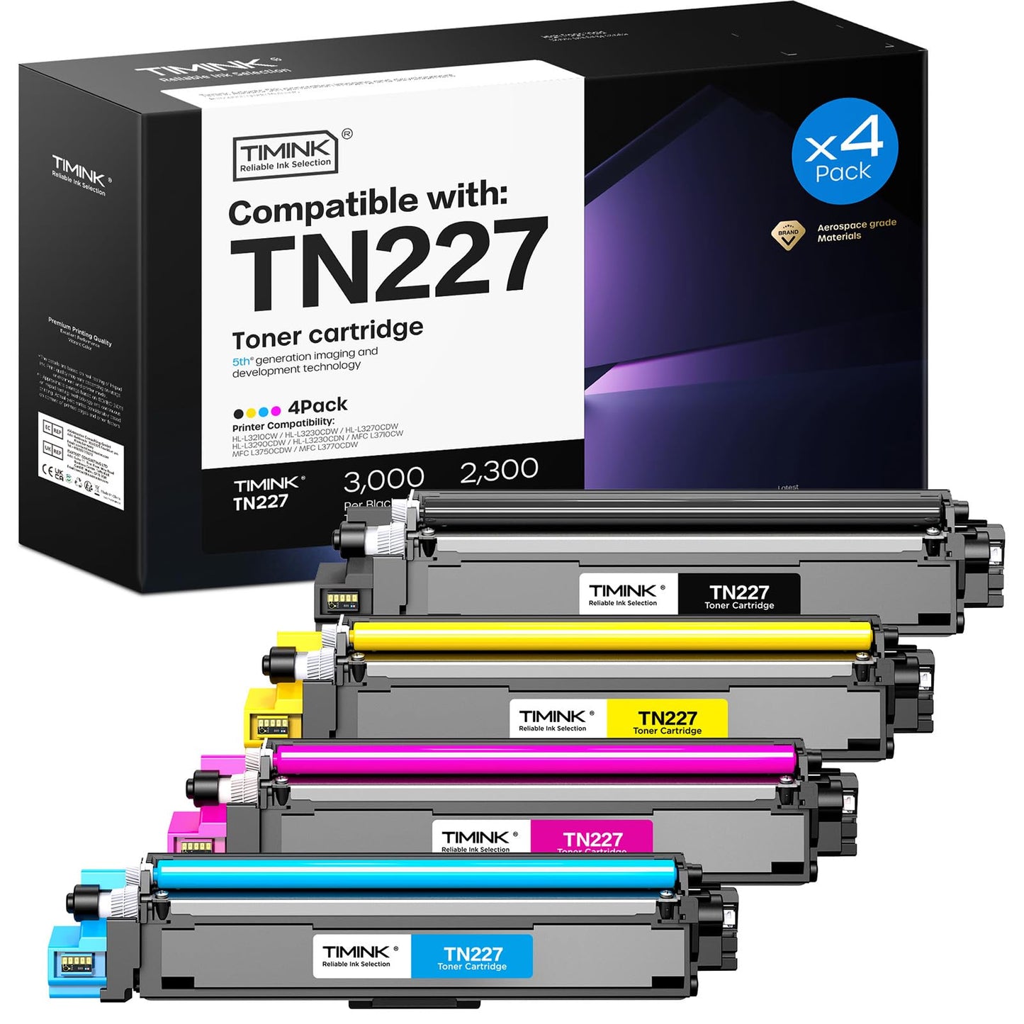 Timink Compatible with TN227 Toner Cartridge High Yield Replacement for TN-227 TN223 Compatible with HL-L3210CW HL-L3270CDW HL-L3290CDW MFC-L3770CDW MFC-L3710CW L3750CDW Printer (BK/C/Y/M, 4 Pack)