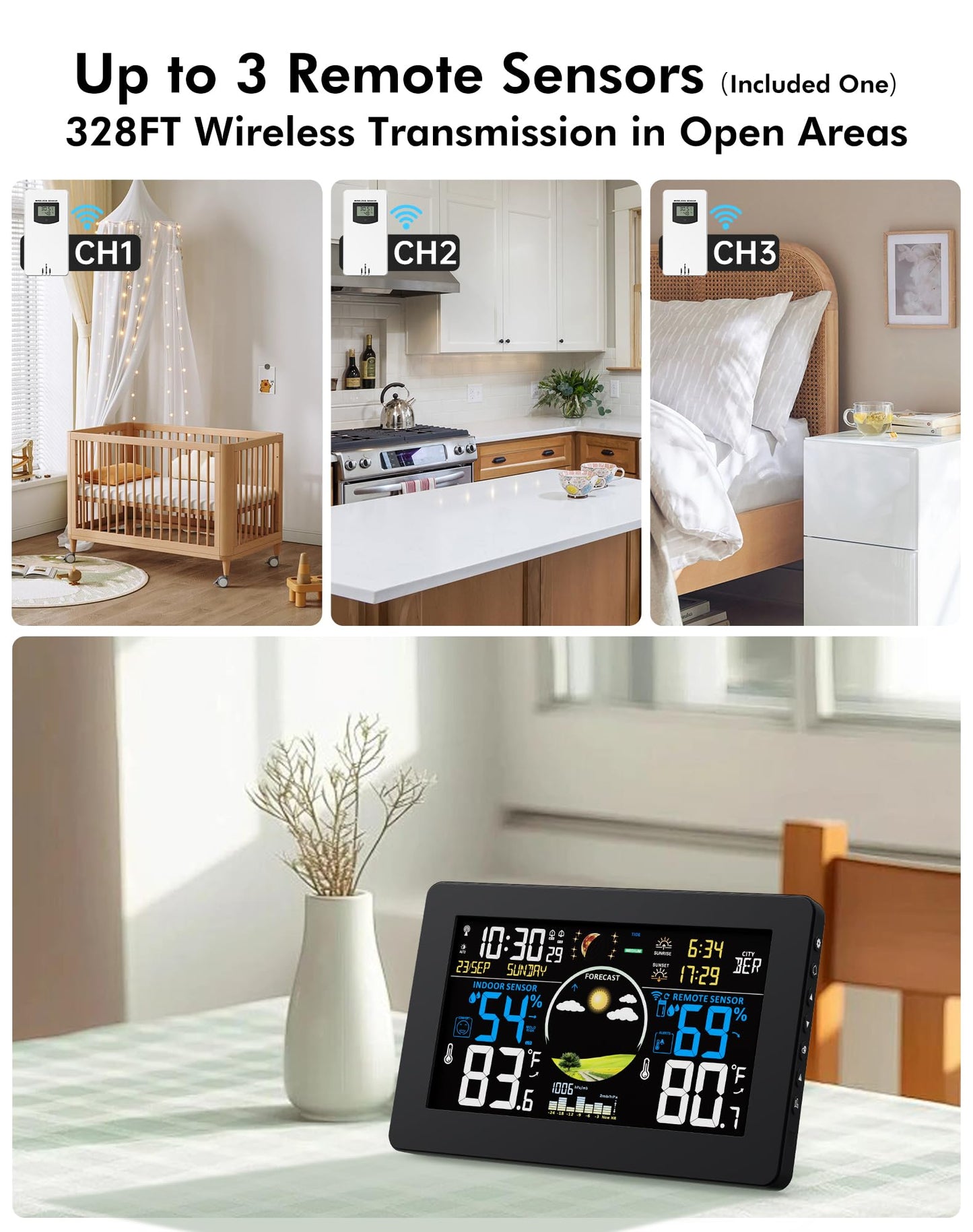 Zivron Weather Station Wireless Indoor Outdoor Thermometer, 7.5" VA Display with Remote Sensor, Home Weather Station with Weather Forecast, Temperature, Humidity, Atomic Clock, Moon Phase, Black