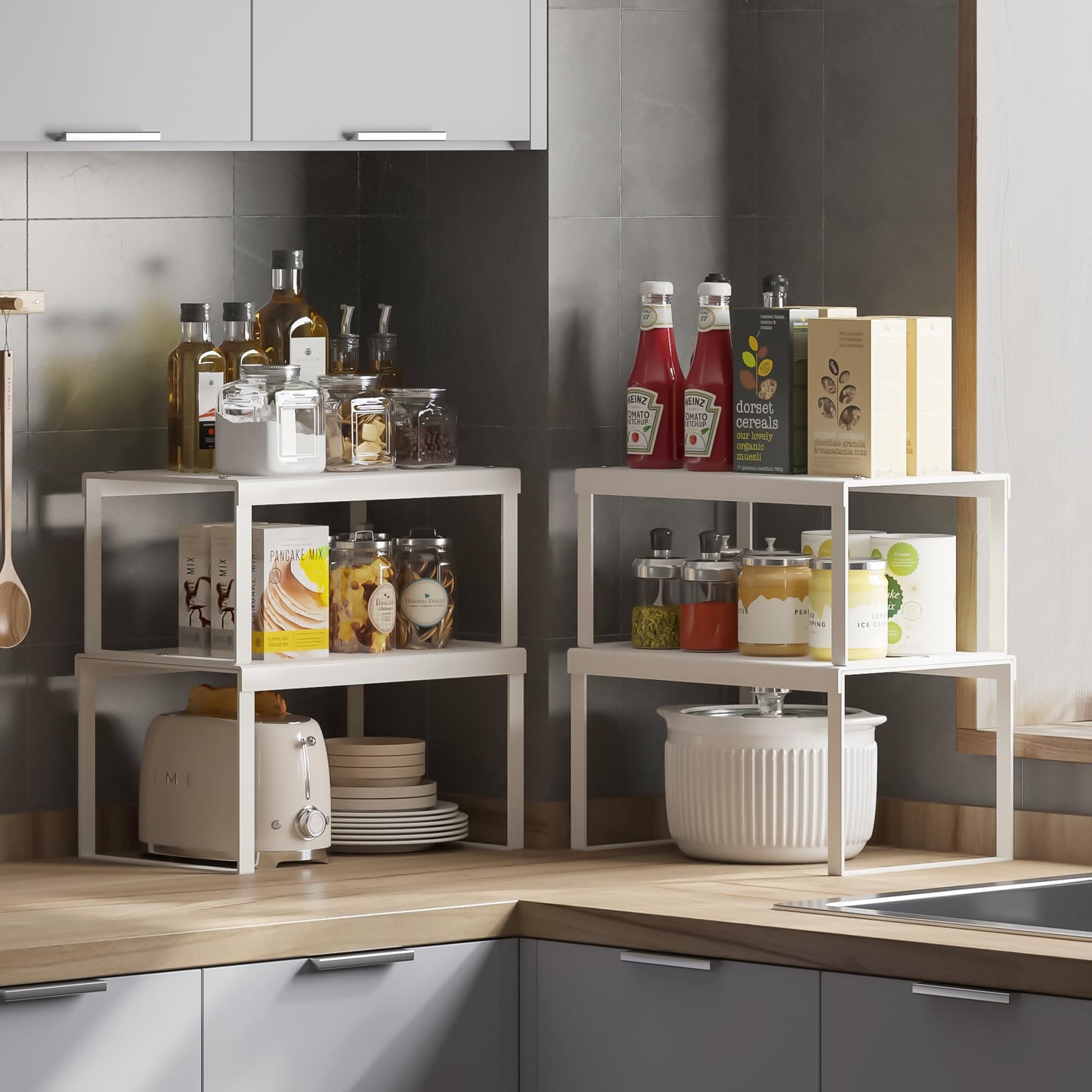 JEPEErbz Kitchen Cupboard Organiser, 4-Pack Cabinet Storage Shelf Organizer Rack, Metal Expandable Spice Holder, Stackable Storage Shelves for Cupboard, Shelf Insert, Countertop,Pantry (White)