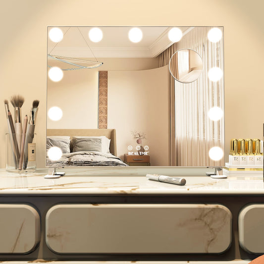 BEAUTME Vanity Makeup Mirror with Lights, Lighted Makeup Vanity Hollywood Mirror with 3 Color Lights Dimmable LED Bulbs with 10X Magnification, Tabletop or Wall-Mounted Mirror, 48.5 * 41cm