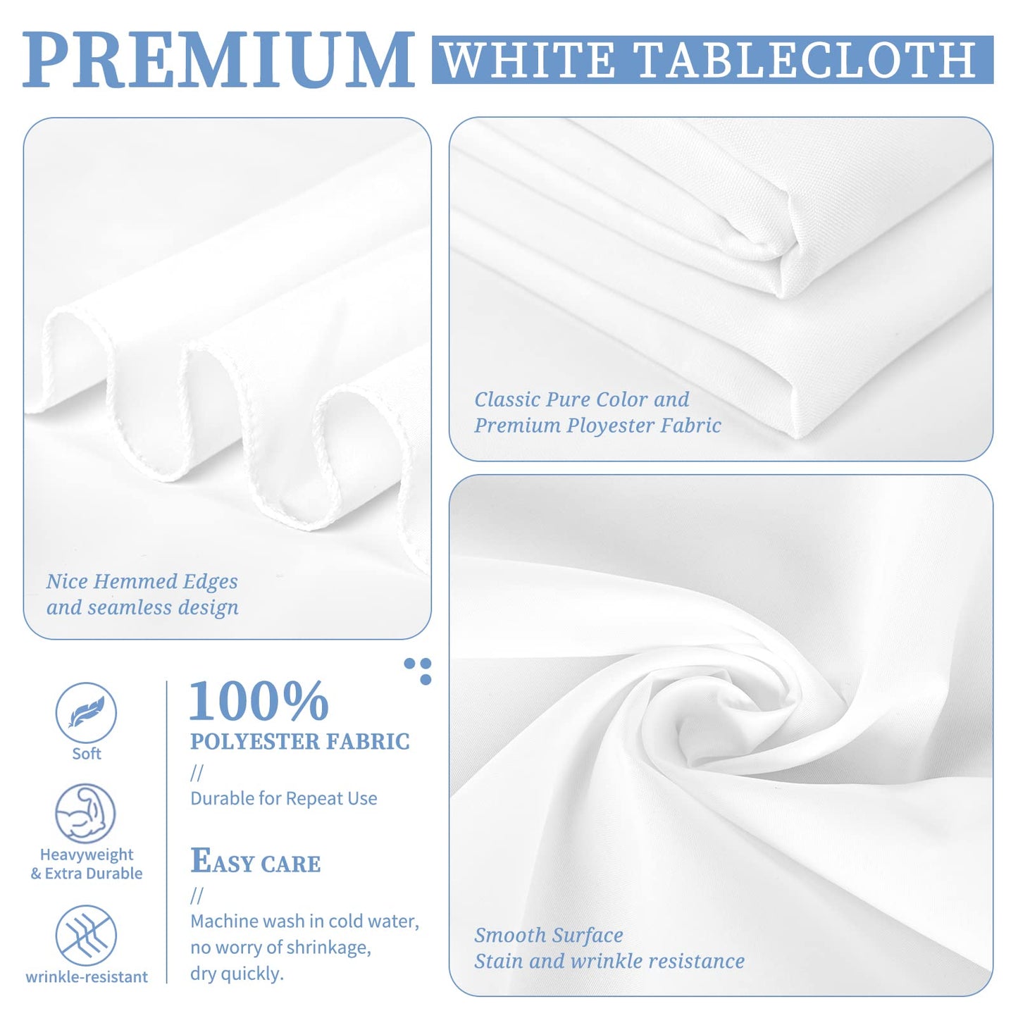 Showgeous 4 Pack White Tablecloth 90 x 156 Inch, Rectangle Tablecloth for 8 Foot Table, Stain and Wrinkle Resistant Washable Polyester Table Cloth Cover for Wedding Dining Table Buffet Party