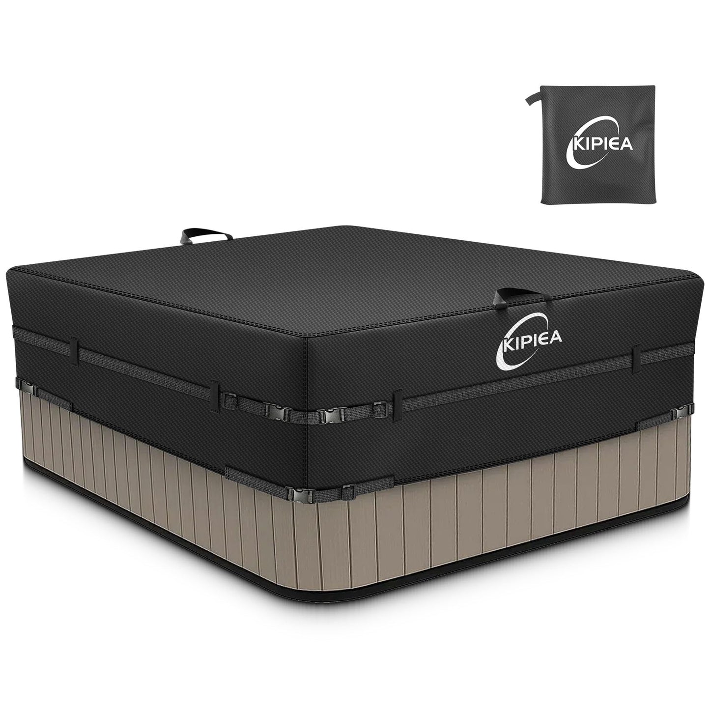 Kipiea 600D Outdoor Waterproof Square Hot Tub Cover Protector, Heavy Duty Polyester SPA Cover UV Protection Cover 76" L x 76" W x 20" H, Black