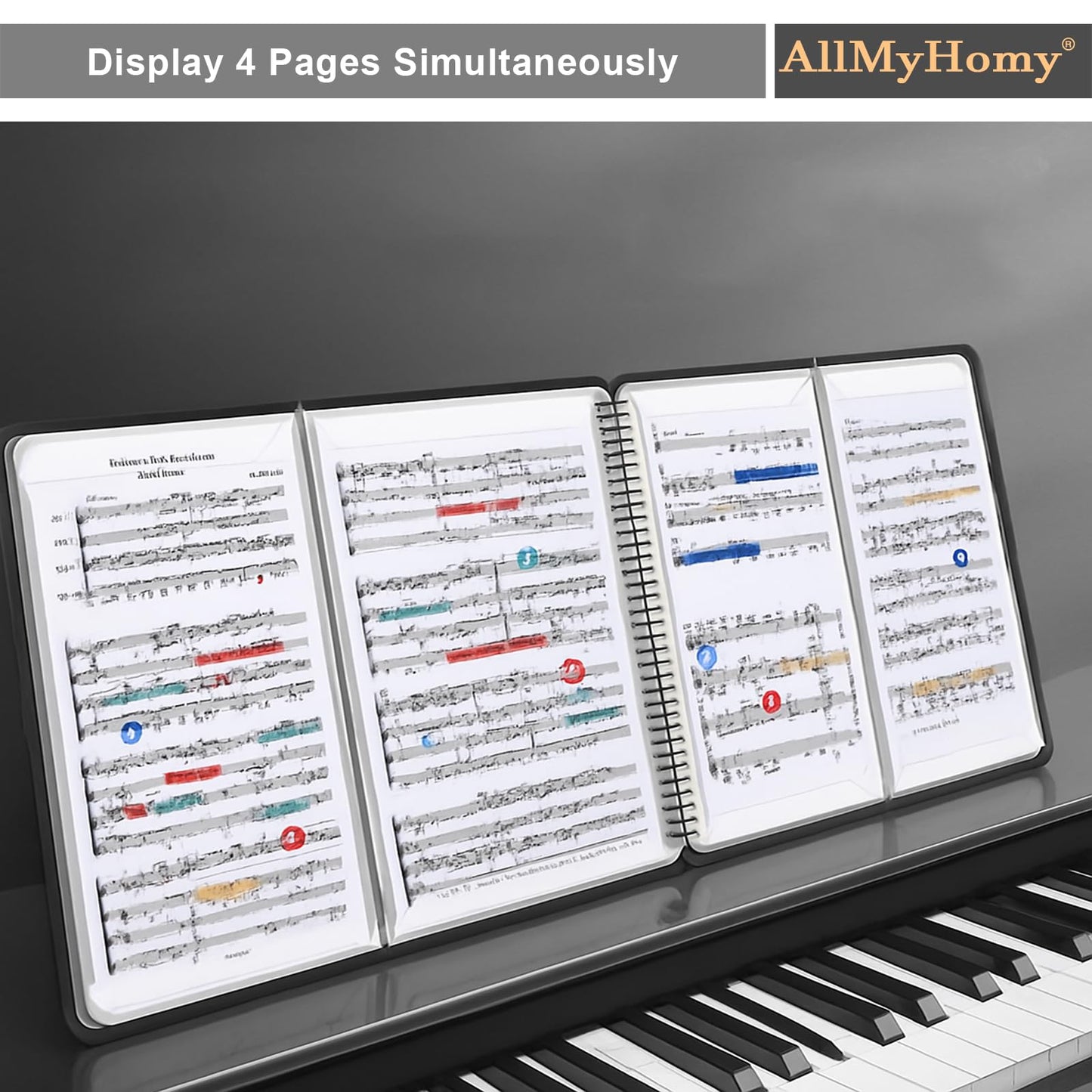AllMyHomy 4-Page Expandable Sheet Music Folder, Tri-Fold Music Binder for Letter Size 8.5 x 11 & A4, 30 Sleeves/60 Pages, for Piano, Violin, Band & Orchestra, Black