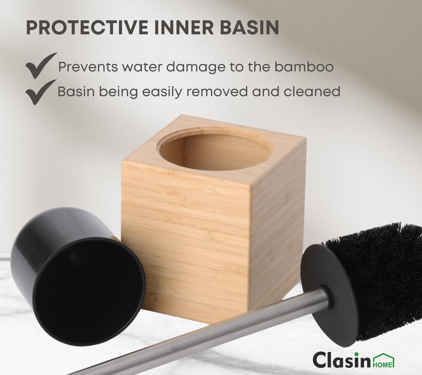 Clasin Home Toilet Bowl Brush Holder with Bamboo and Stainless Steel for Durable Use, Toilet Scrubber Brush with Long Handle for Easy Deep Cleaning, Compact Hidden Bathroom Toilet Cleaner Brush Set