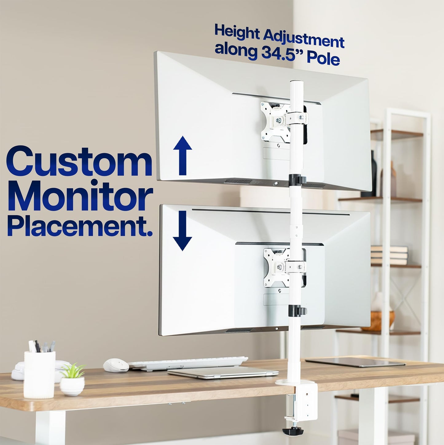 White Dual LCD Monitor Desk Mount Stand, Stacked Vertical 2 Screens up to 34"