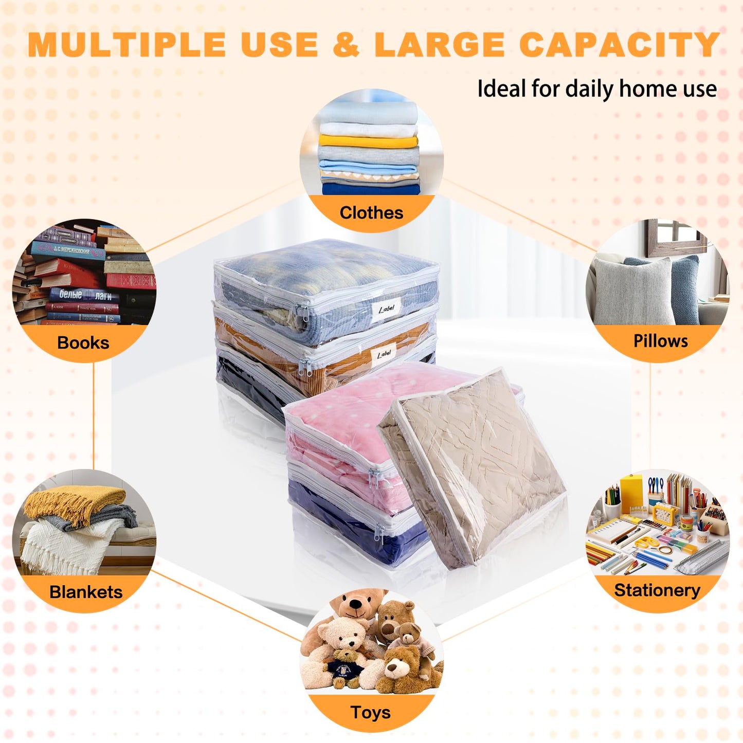 Heonay Clear Zippered Storage Bags Plastic Sweater Storage Bags with Zipper 6 Packs Clothing Organizer for Blankets Linen Sweater Bed Sheet Quilt Clothes Pillow (15.7 x 13.8 x 3.9 Inch)