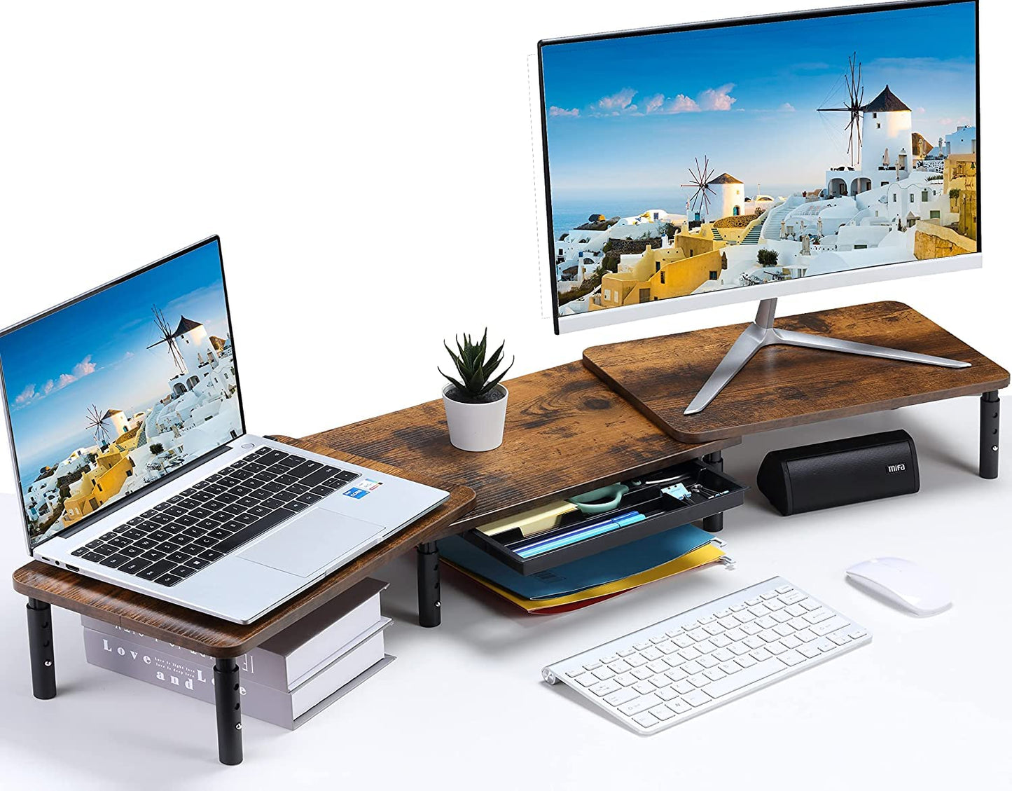ETHU Dual Monitor Stand Riser for Desk, Computer Desk Monitor Stands for 2 PC monitors, Computer, Laptop and Printer, 3 Adjustable Shelf Length and Angle Desktop Stand with Phone Holder and Drawer, Office Supplies, Computer Accessories(Walnut)