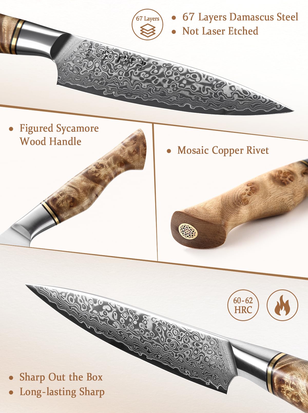 HEZHEN 5 inch Utility Knife Kitchen with Razor Sharp- Damascus Steel with Rose Pattern Multifunctional VG10 Professional Paring-Fruit Knife- Master Series Ergonomic Figured Sycamore Wood Handle