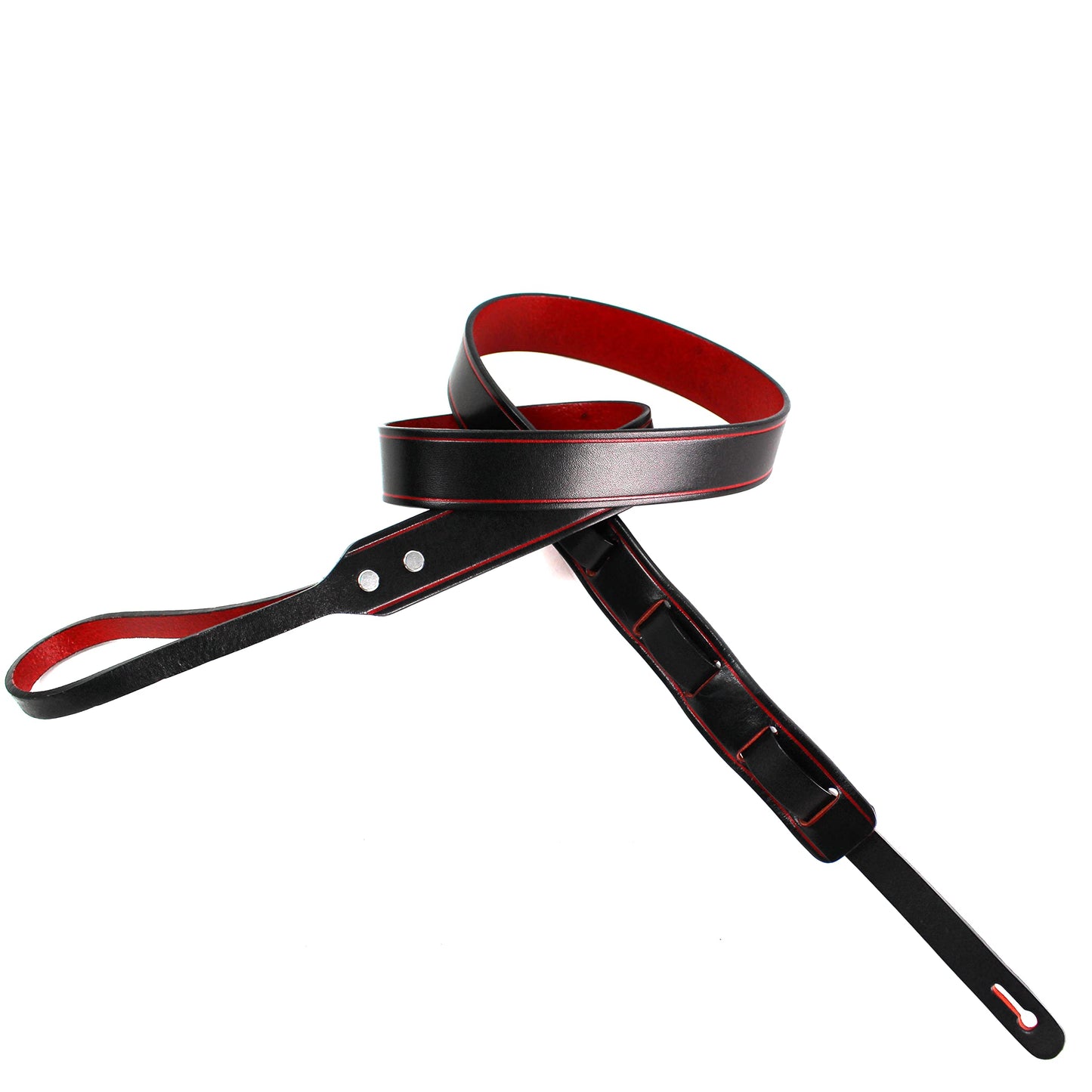 Walker And Williams M-12 Premium Handmade Black With Red Back Grain Leather Mandolin, Mandola, Bouzouki or Uke Strap For A and F Type Mandolins, Black and Red, Regular