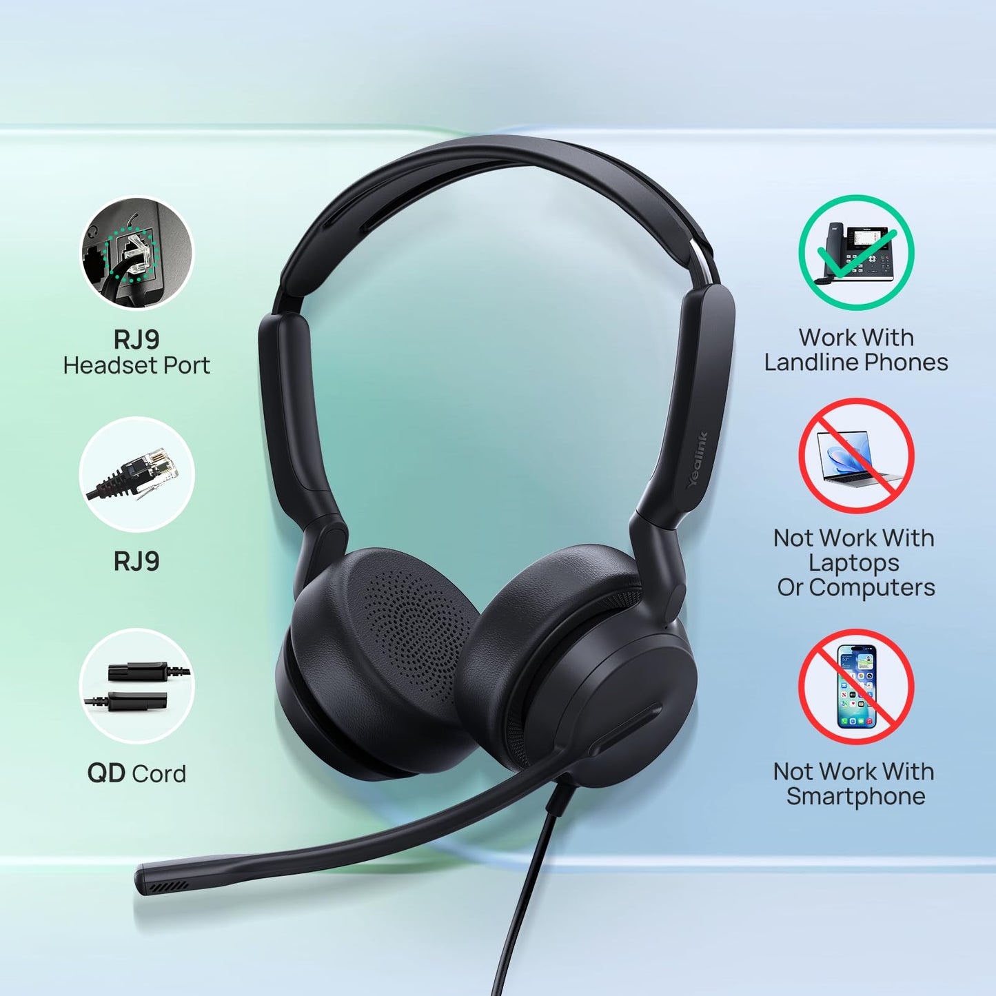 Yealink Phone Headsets for Office Phones YHS36 E2 QD to RJ9 Wired Headset Compatible with Poly Snom Grandstream Phones Desk Landline VoIP Headset with Microphone -Mono/81g/2.1m Cable