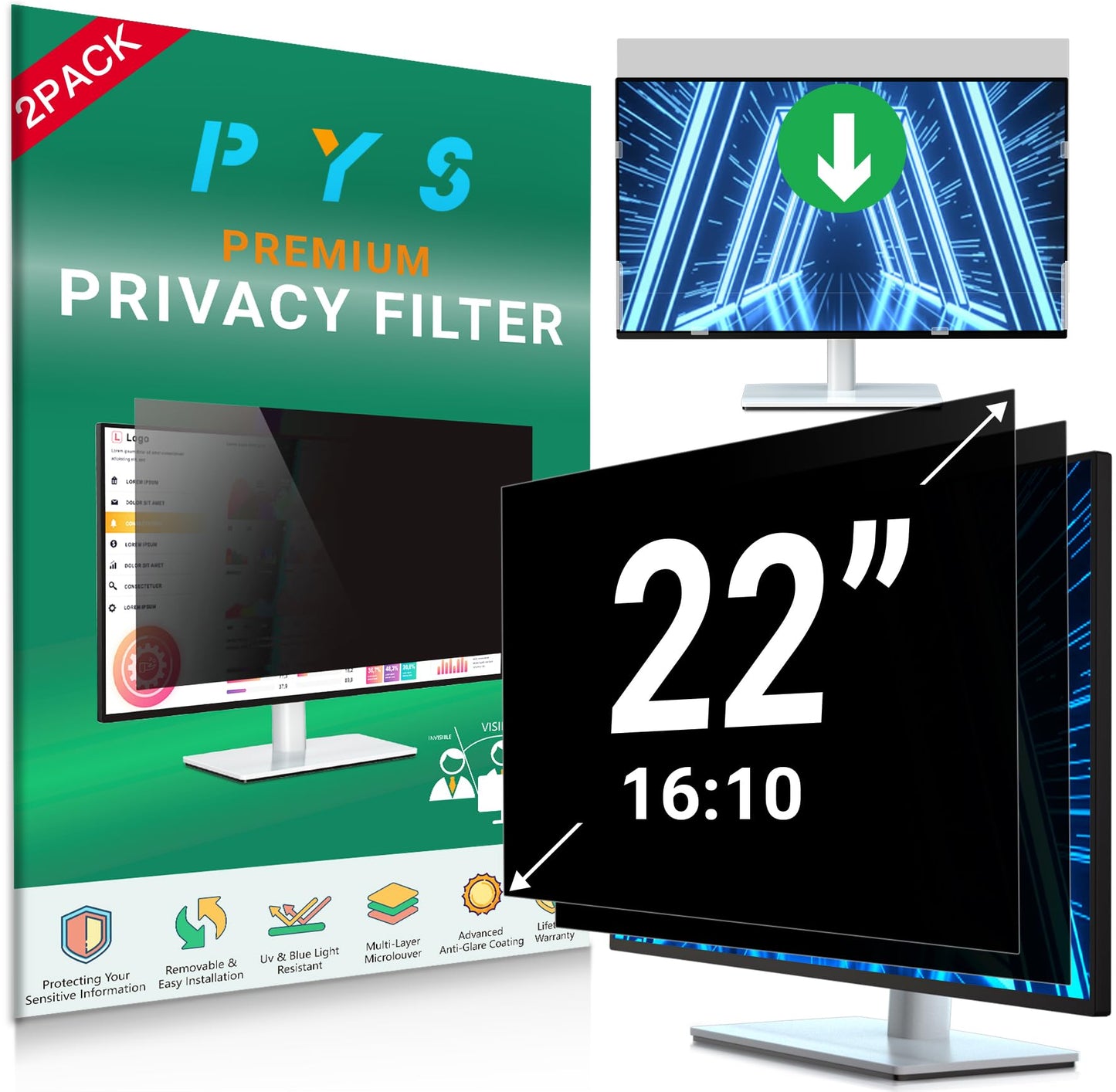 [2-Pack] 22 Inch Privacy Screen for 16:10 Computer Monitor - [Anti-Glare and Blue Light] Computer Screen Privacy Shield, Anti-Scratch Screen Protector