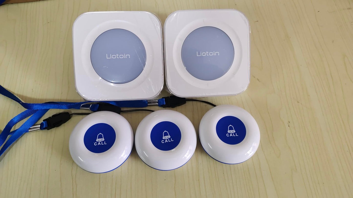 LIOTOIN Caregiver Pager Wireless Call Button for Elderly Nurse Alert System Call Bell Alert Button for Elderly/Patients/Disabled 3 Transmitters 2 Plugin Receivers (with Color Light Flashing Reminder)