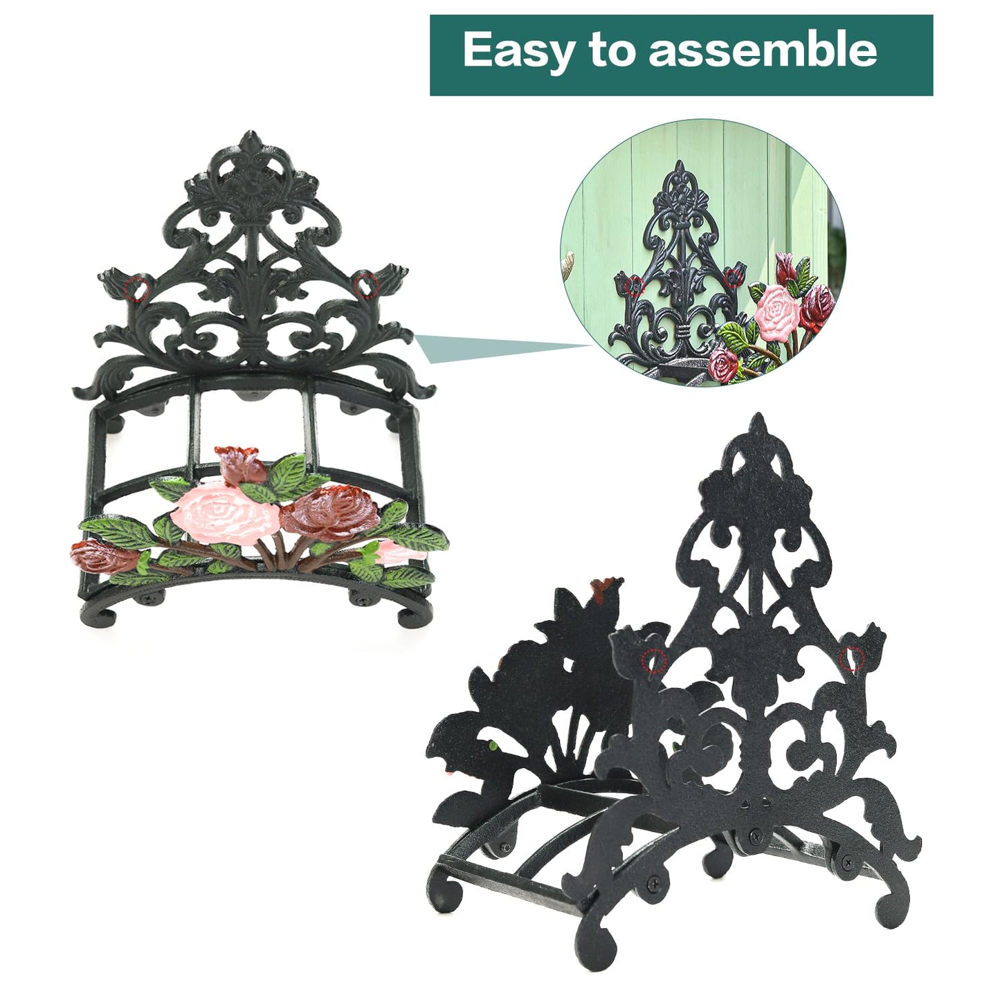 Sungmor Cast Iron Heavy Duty Garden Hose Holder - Decorative Hand-Painted Peony Wall Mounted Water Hose Hanger - Wall Decoration Hanging Hose Rack - Hose Reel Storage Butler - Metal Hose Stand