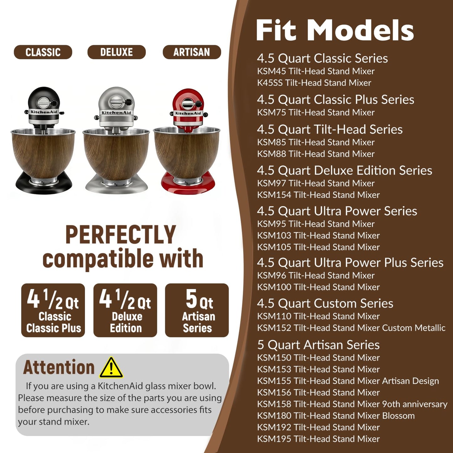 Premium Wood Mixing Bowl, Compatible with 4.5-5 Qt Tilt-Head Stand Mixers, Natural True Wooden Bowls,Suitable for K45SS, KSM75, KSM90, KSM100, KSM150, Dishwasher Safe, Heavy Duty, No Residue