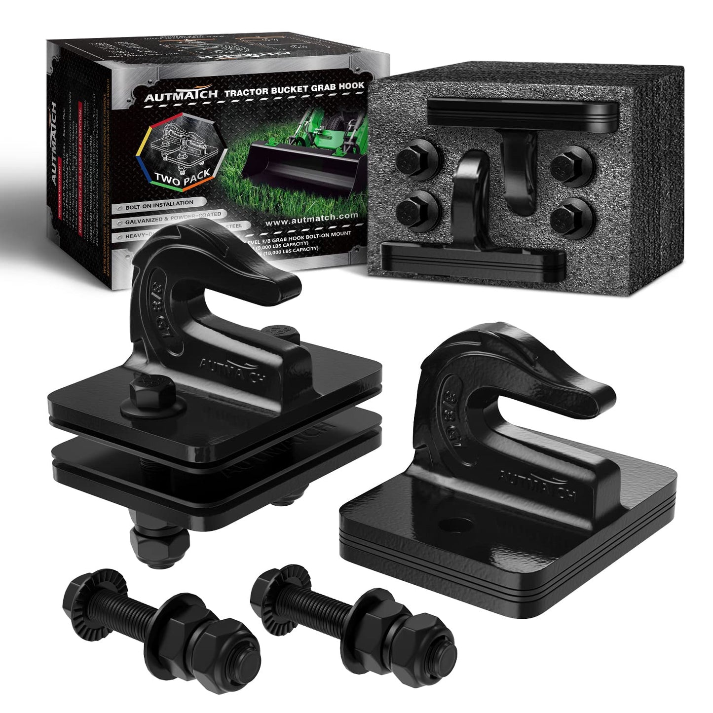 AUTMATCH Tractor Bucket Grab Hook 3/8" (2 Pack) - Grade 70 Forged Steel Bolt On Grab Hook Tow Hook Mount with Backer Plate & Rubber Pads, Max 18,000Lbs Work for Loader, Tractor Bucket, Truck, Black