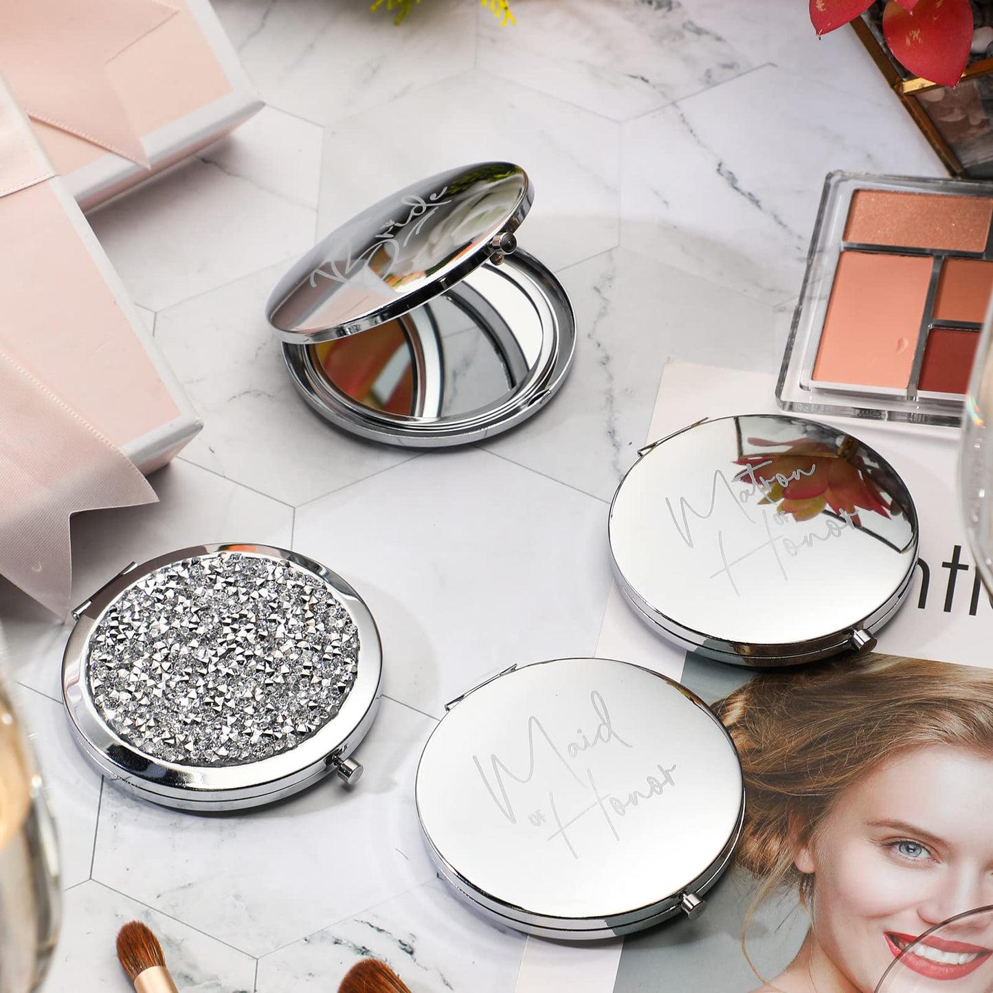 Roowest 8 Pcs Bridesmaid Proposal Gifts Set Bridesmaid Compact Mirrors Magnifying Makeup Double Sided for Purse Pocket for Women Wedding Bridal Shower Gifts Party Favors(Silver, White)